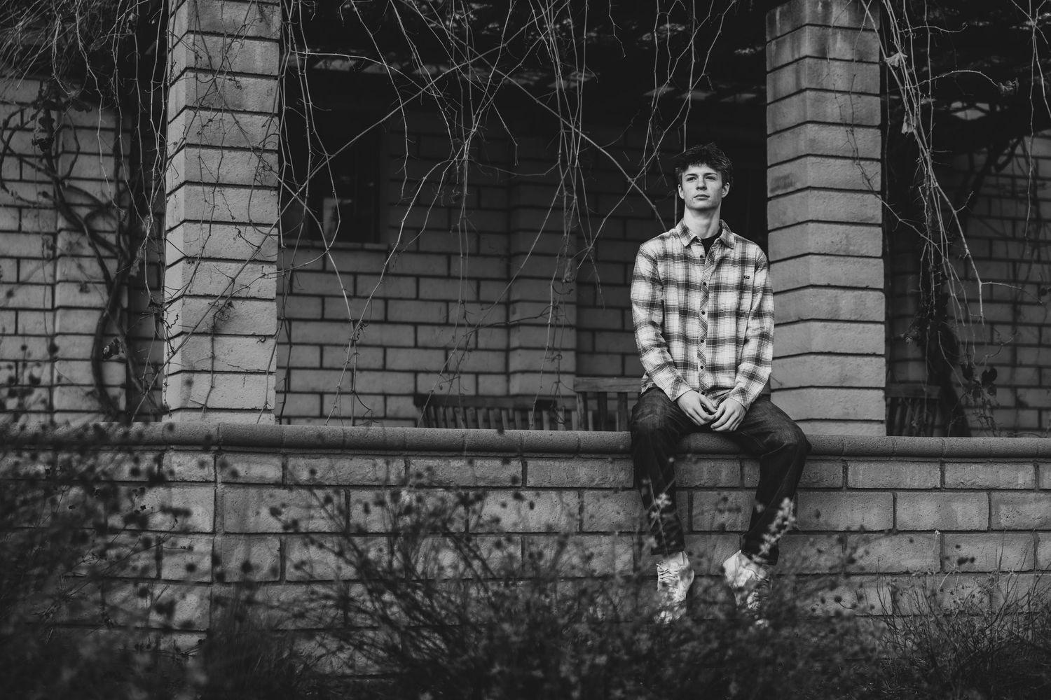 Black and white architectural photos featuring brick walls and windows in Claremont at the botanical gardens.