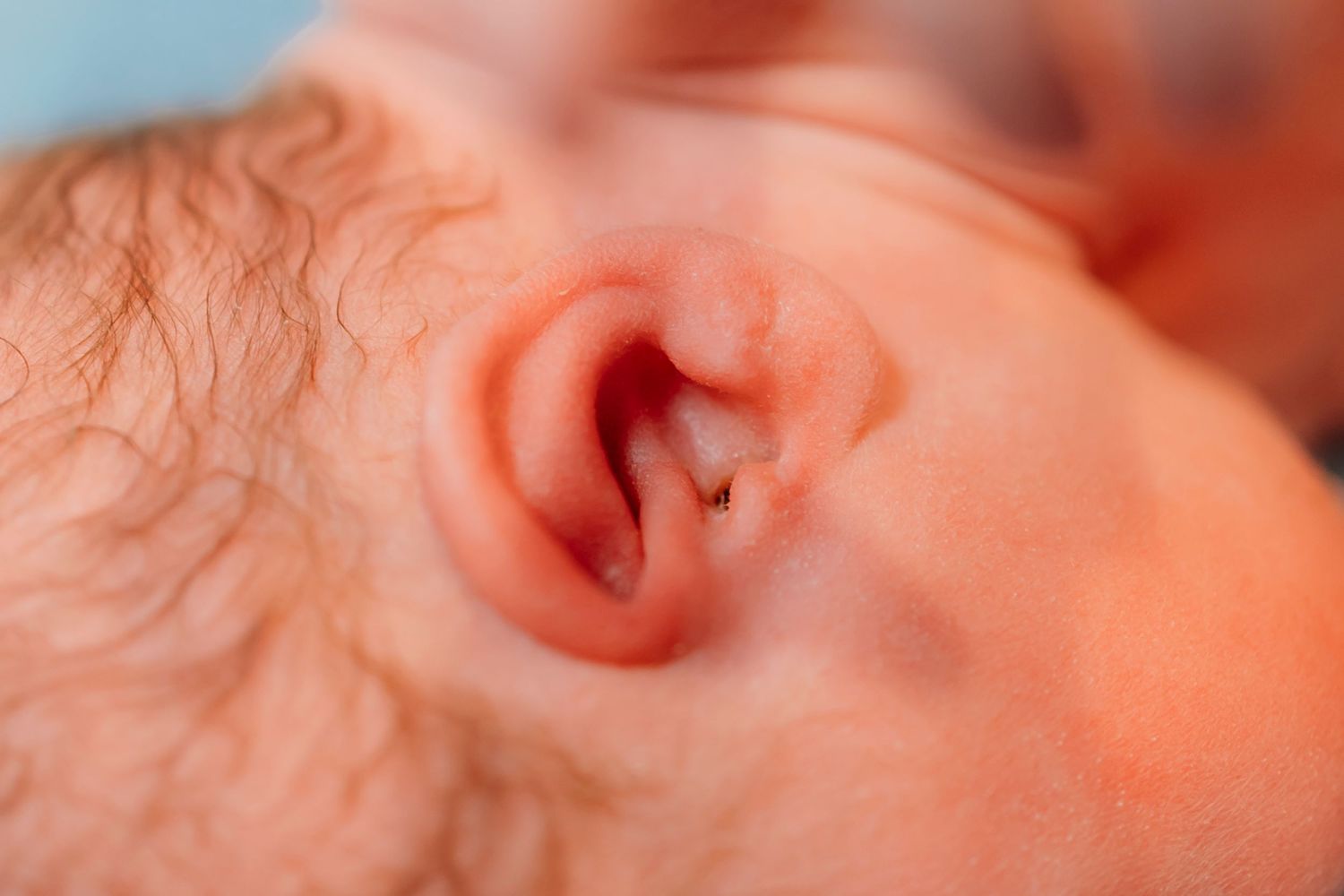 Macro shot of a newborn baby's ear showing delicate details.
