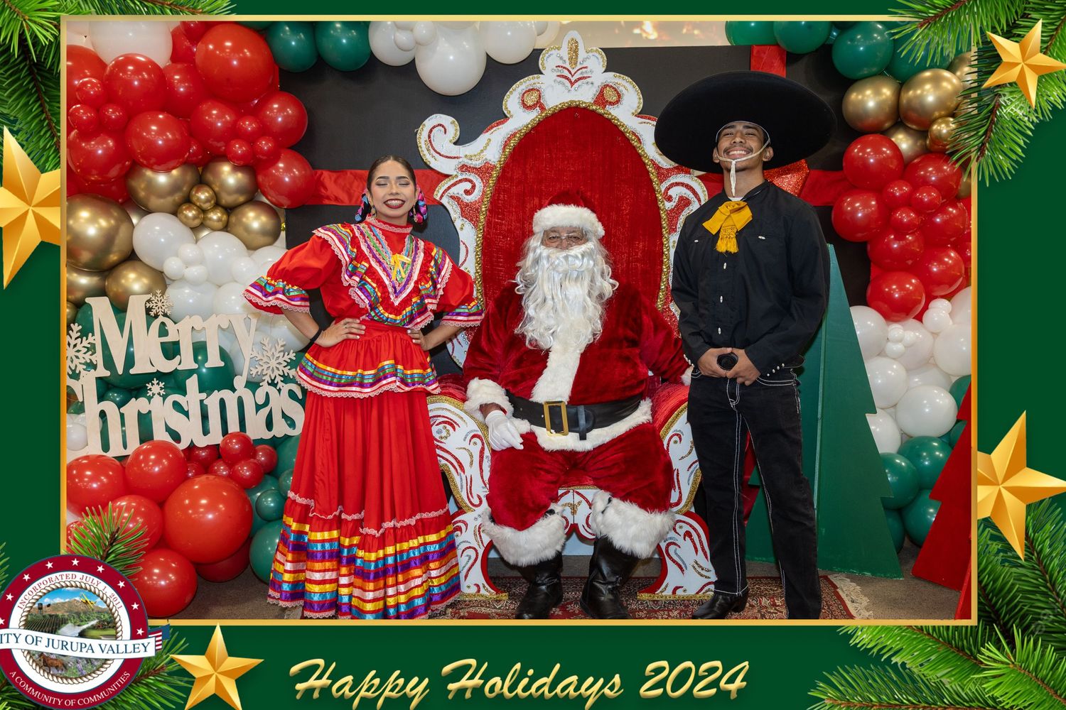 Holiday photo collage with festive decorations, red balloons, and Christmas greenery in a photo studio setting.