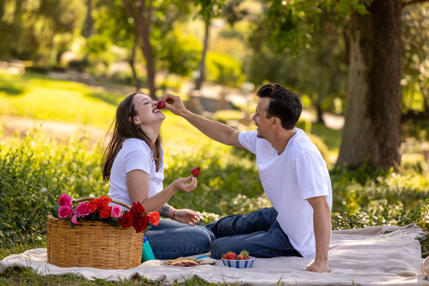 Romantic picnic setup on a blanket under trees in a sunny park.