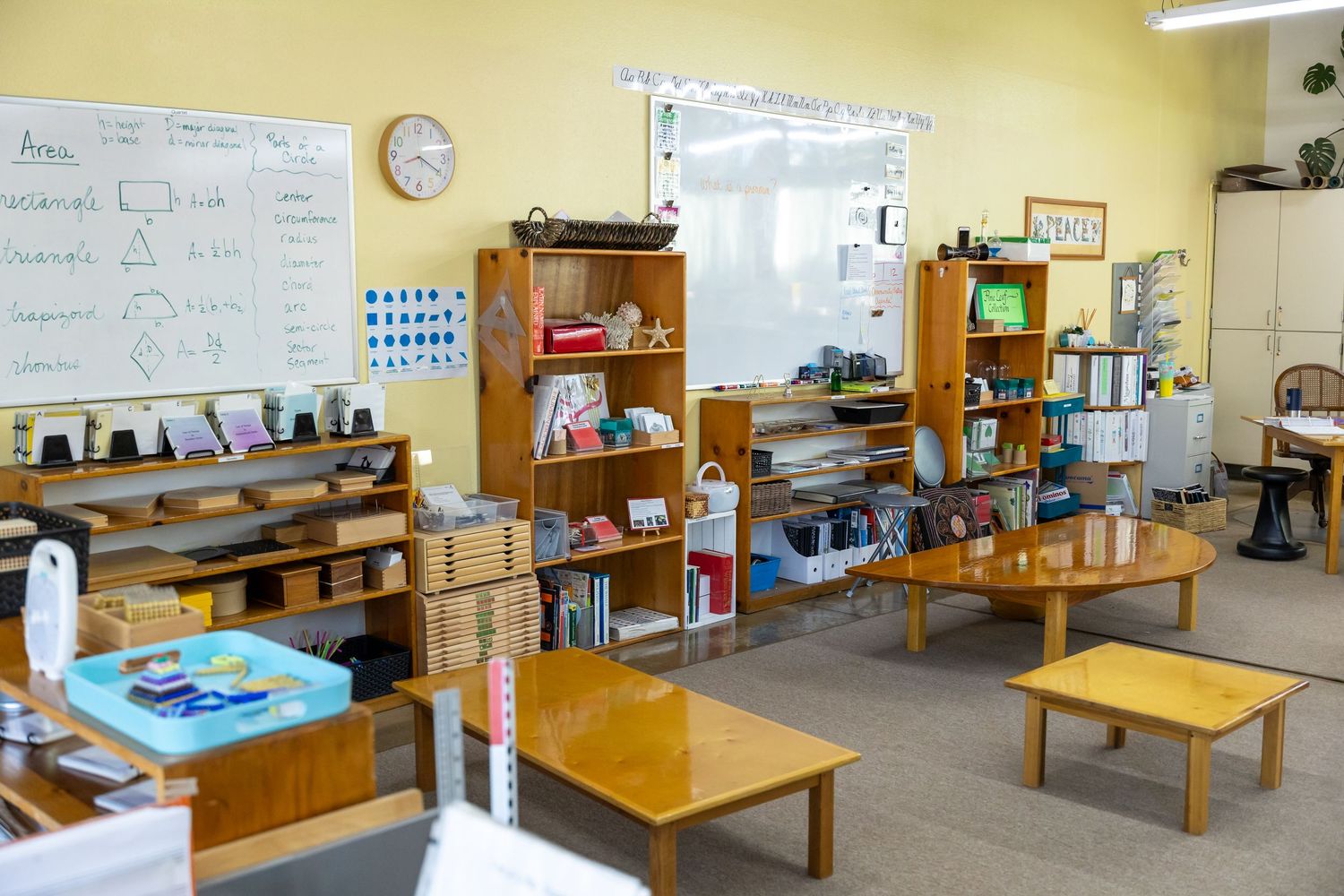 Clean, well-organized science laboratory classroom with wooden tables and equipment storage along the walls.