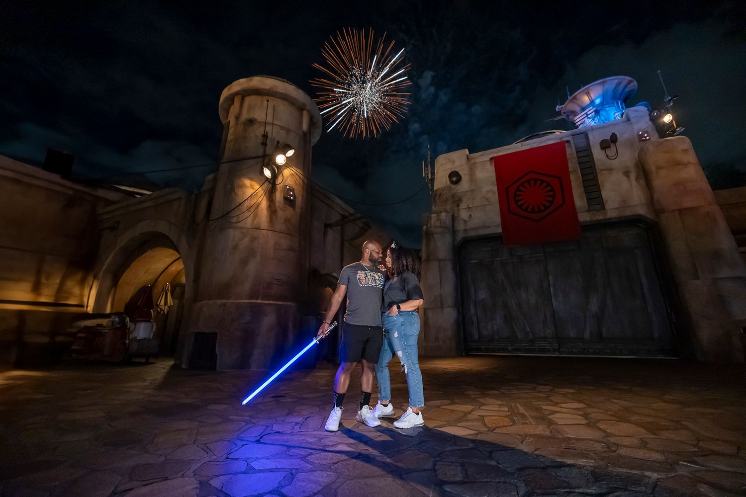A collection of staged lightsaber combat scenes with glowing blue blades in a dimly lit medieval-style environment.