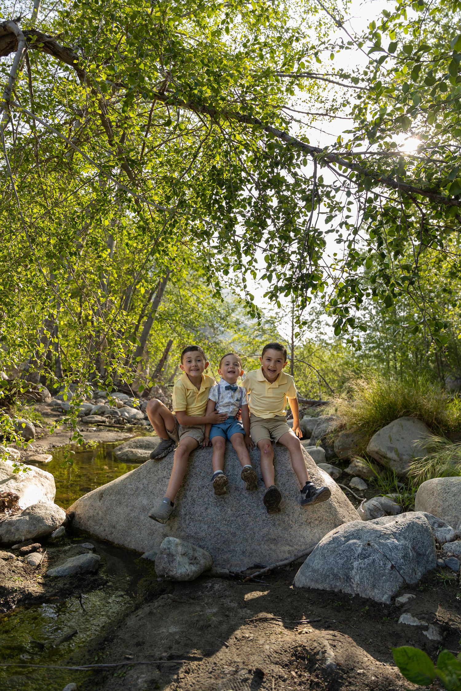 Three children sitting together on large boulder by stream under green tree canopy.