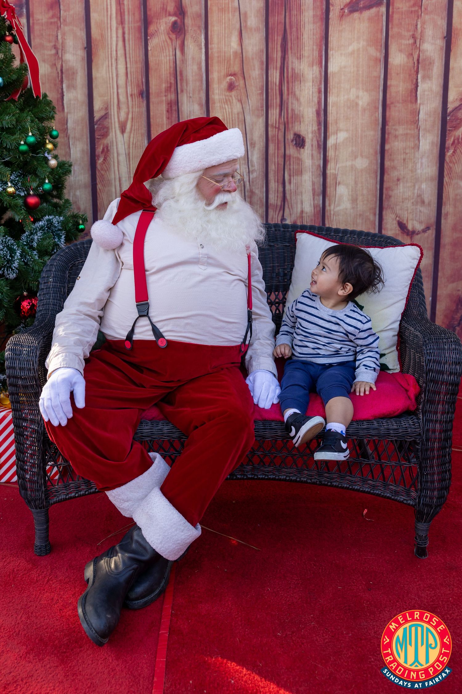 Holiday portraits on red carpet with wicker chairs and wooden panel background.