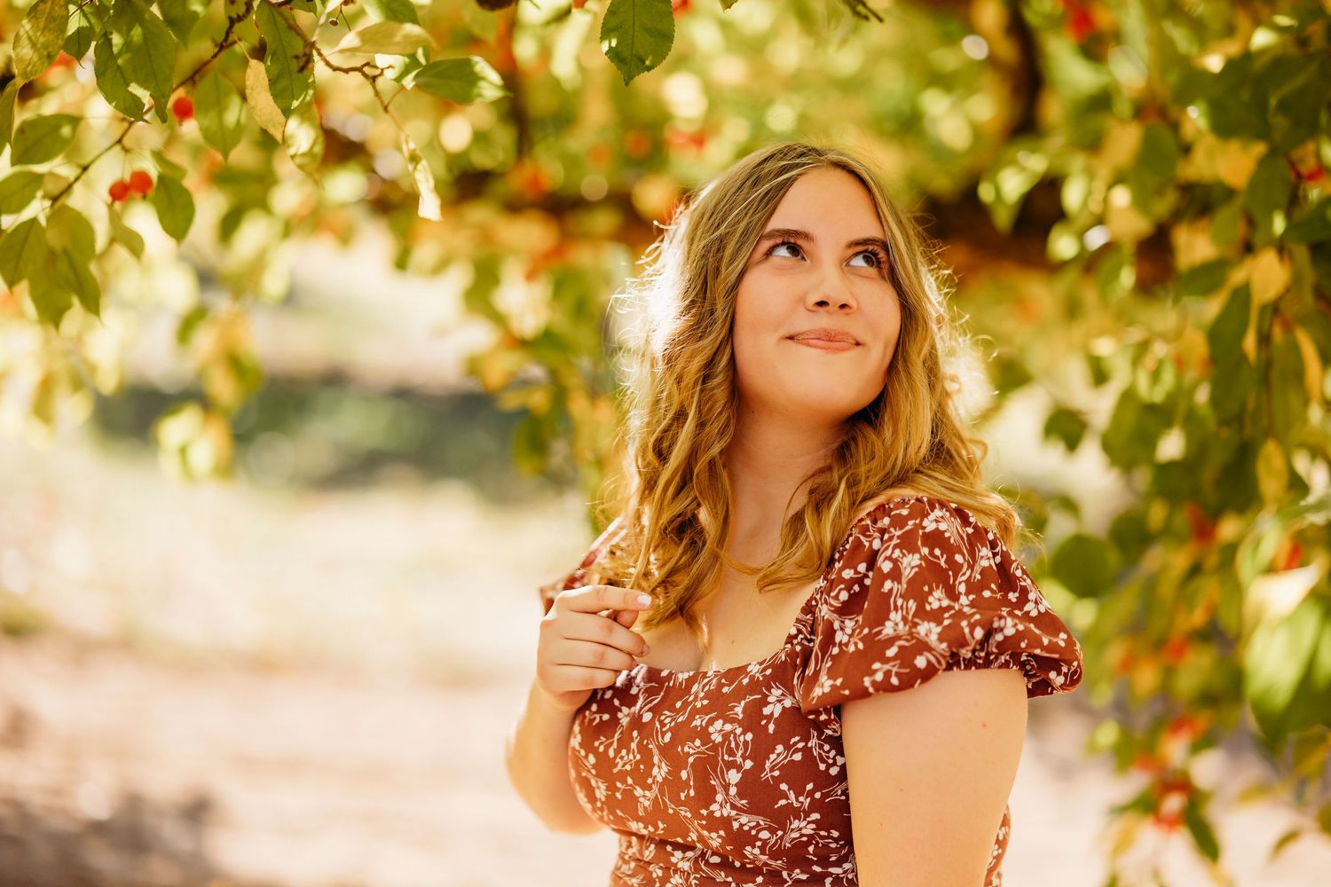 Golden sunlight filters through autumn leaves creating a dreamy outdoor portrait in Oak Glen.