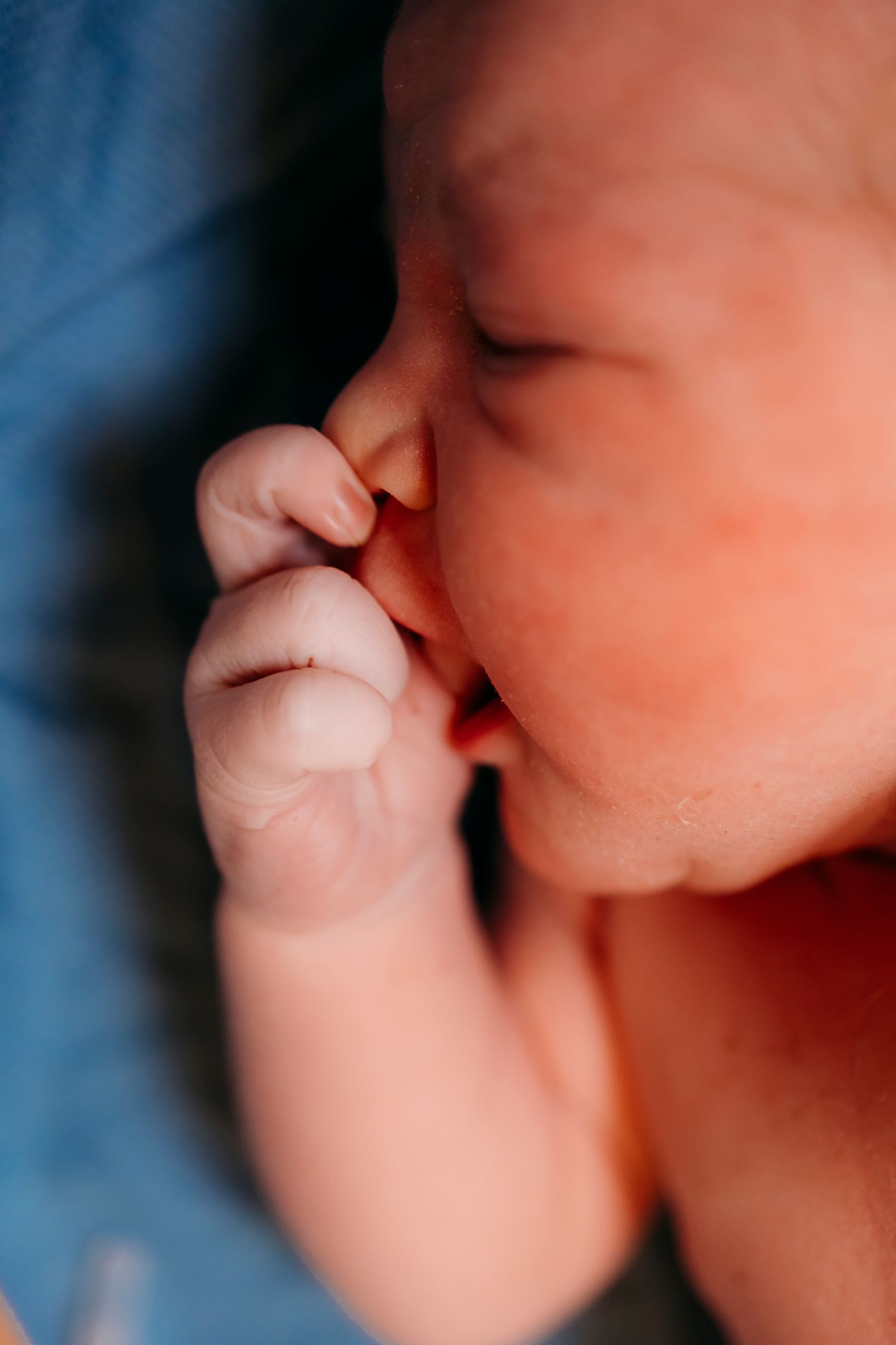 Close-up of newborn baby with hand near mouth.