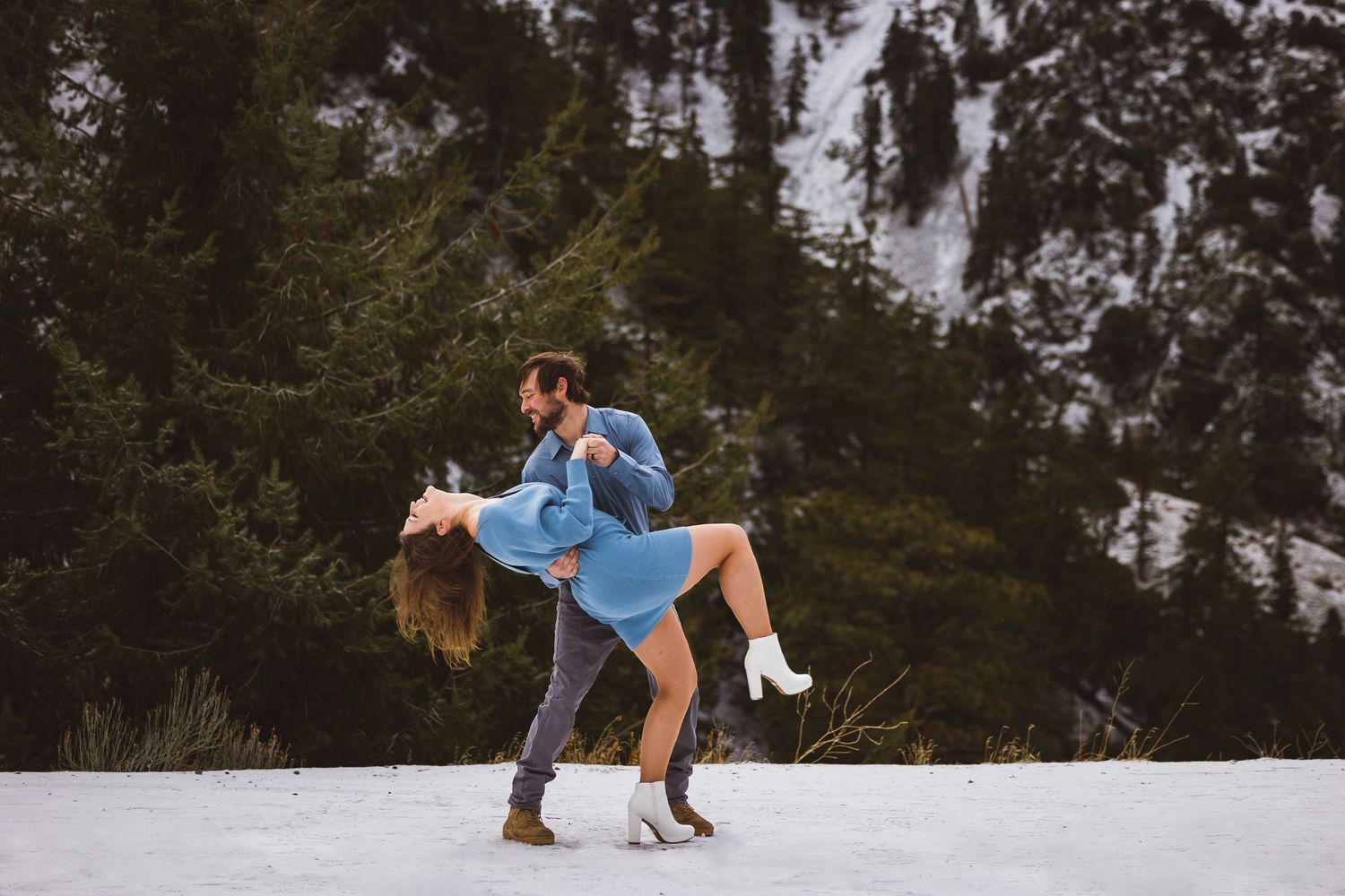 A fun moment in Mt Baldy during a snowy engagement session