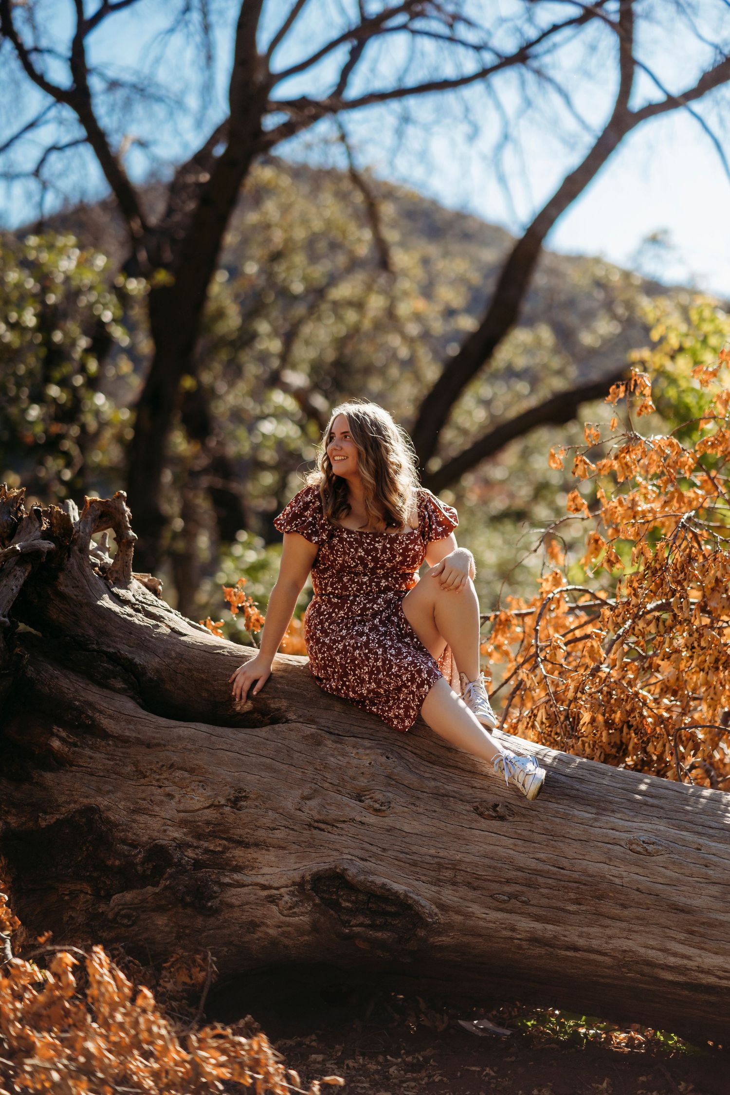 A floral dress and sneakers create a whimsical autumn scene while sitting on a fallen tree trunk in Oak Glen.