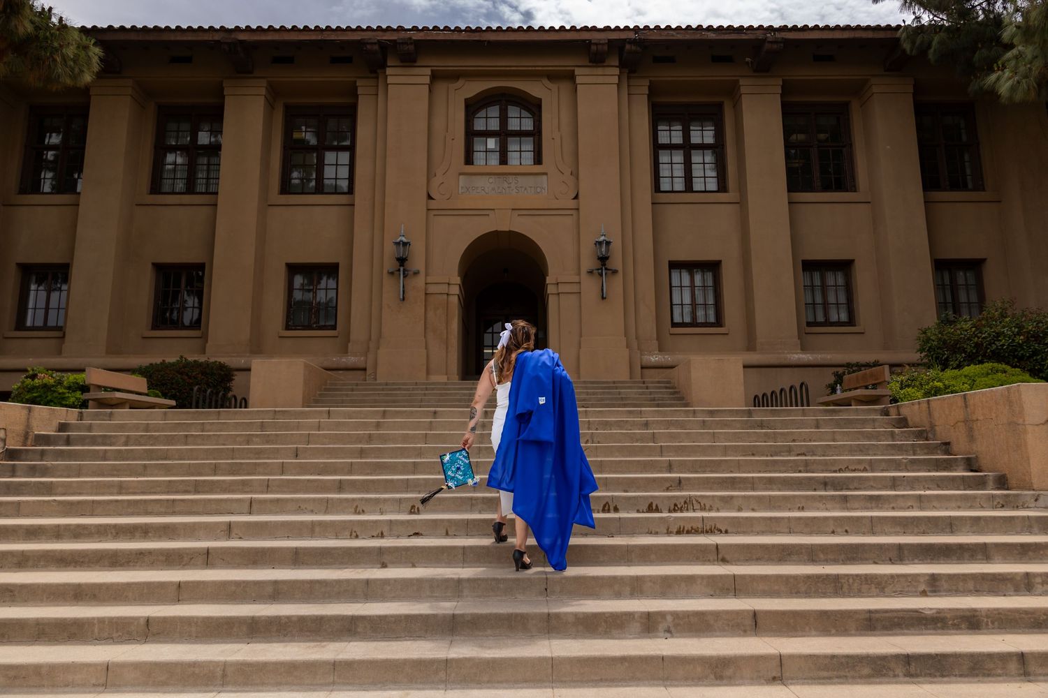 Graduate in blue gown ascending stone steps of historic building of University of Riverside.