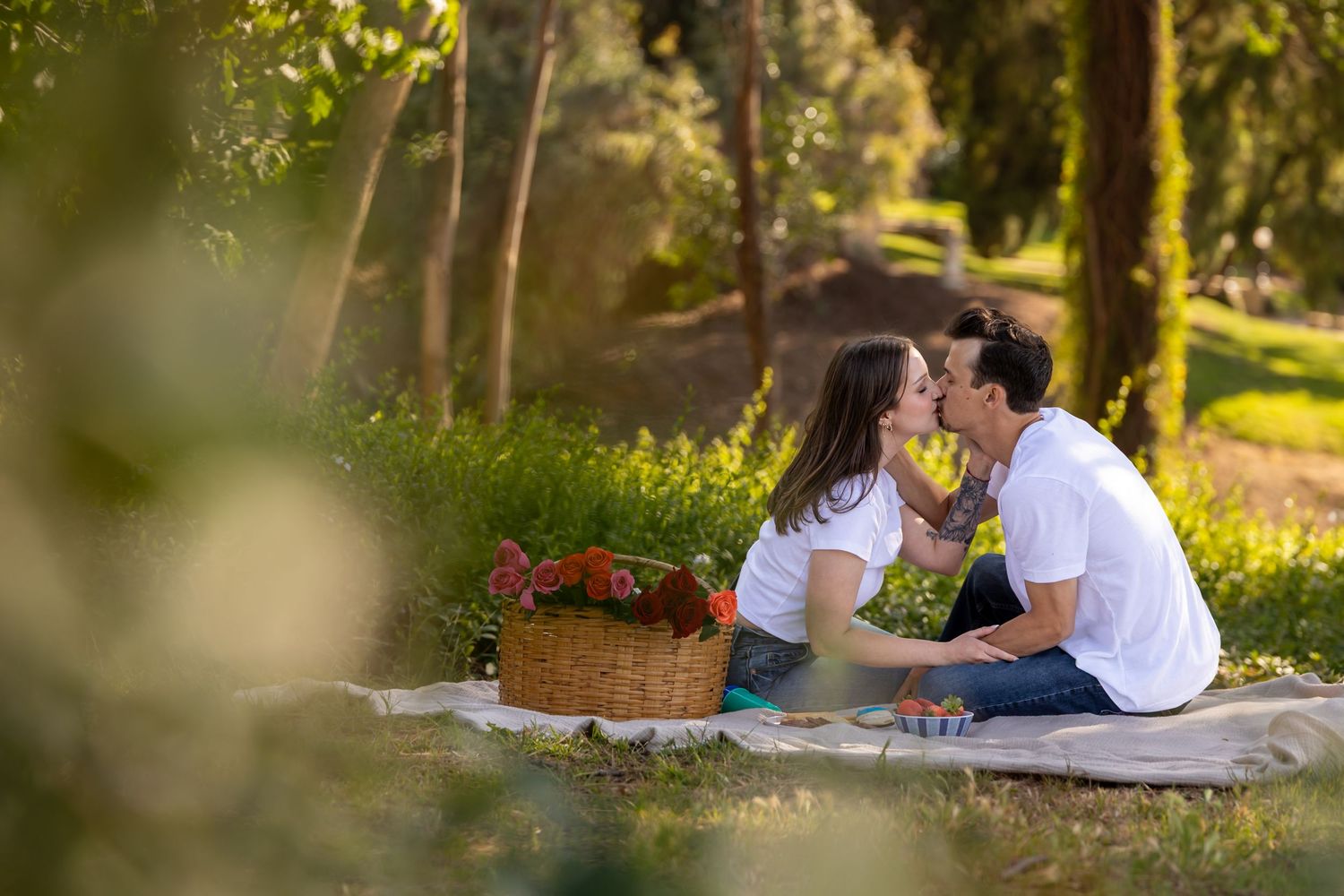 Picnic blanket spread out under shady trees in a sunlit park.