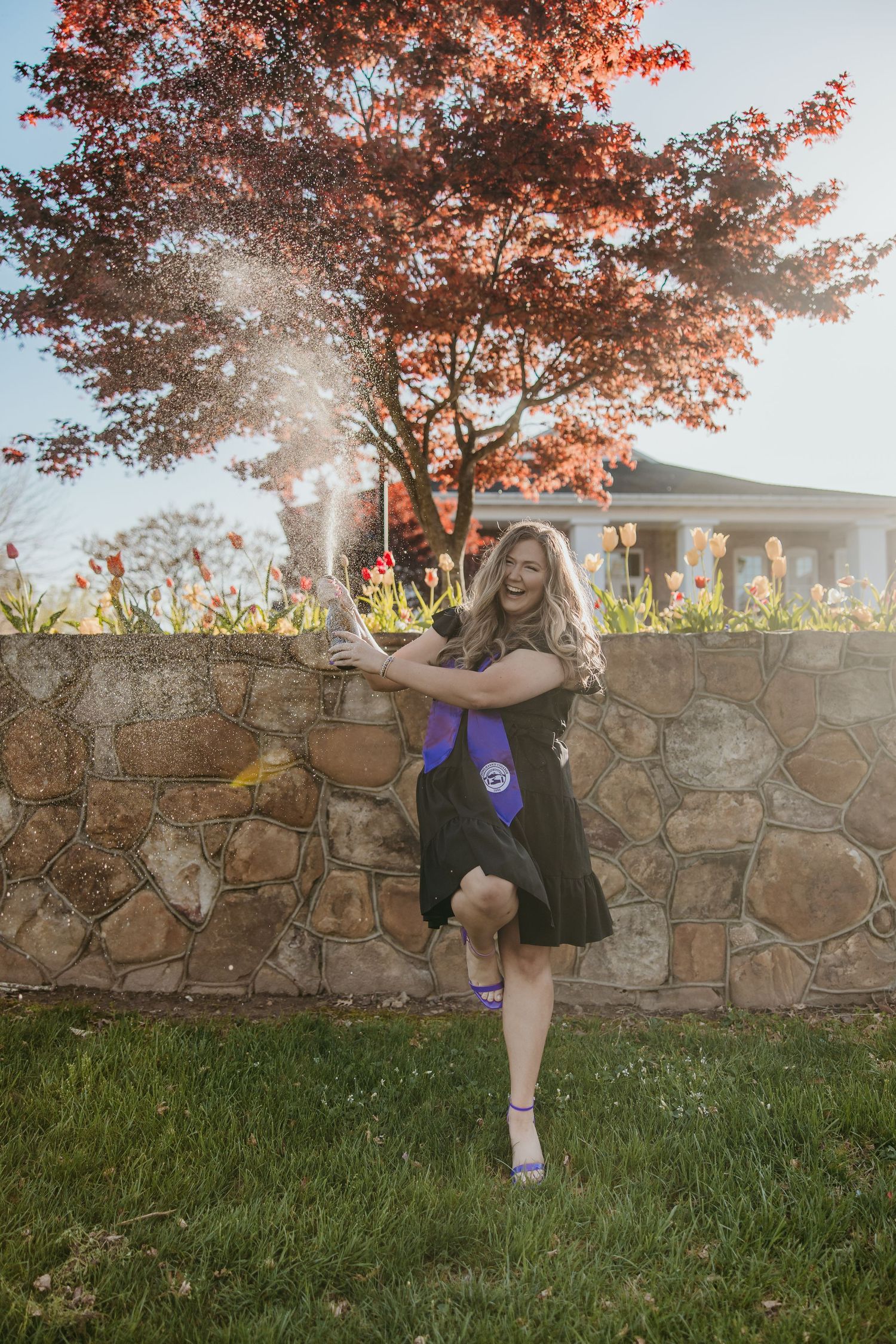 Graduate in black dress poses against stone wall under autumn tree with purple accessories.