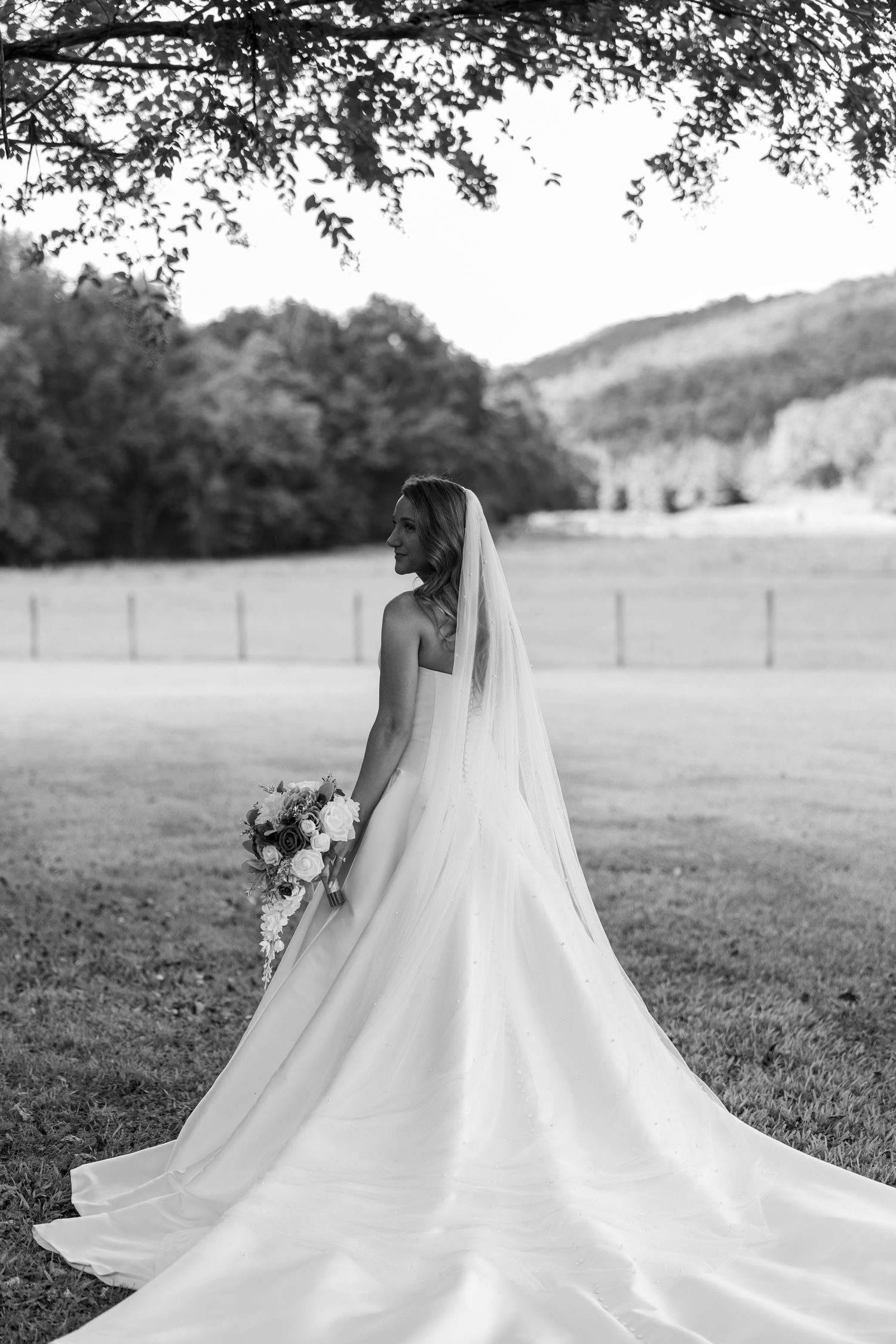 A bride in a flowing white wedding gown stands in a grassy field with her dress train elegantly spread out behind her.