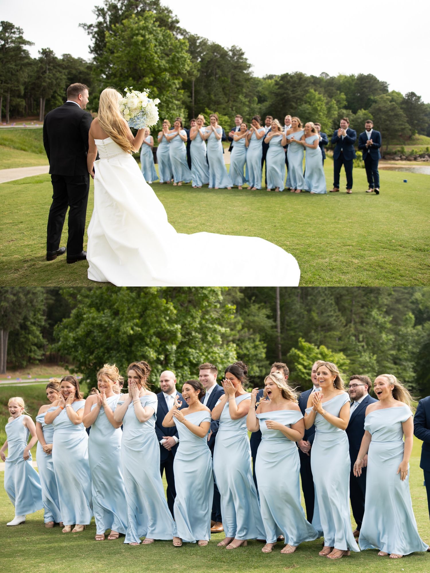 Bride and groom stand before bridesmaids in light blue gowns and groomsmen in navy suits on a lush green golf course.