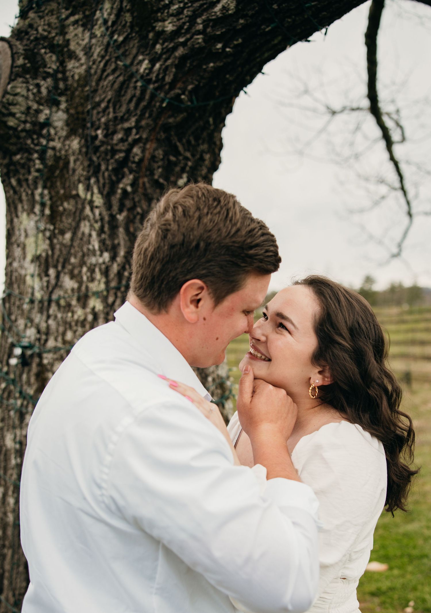 A romantic moment captured between a couple under a large tree in a field.
