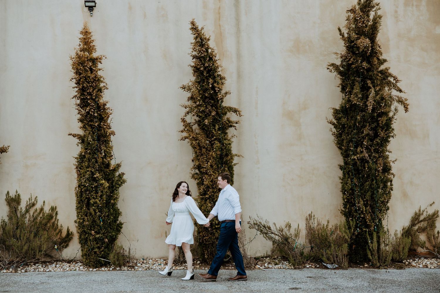 A couple holds hands while walking alongside tall cypress trees against a white wall.
