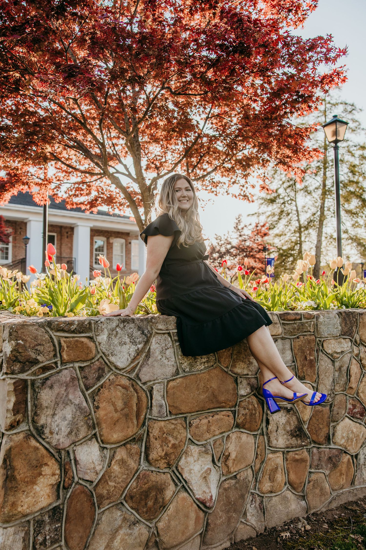 Graduate sitting on stone wall under red autumn tree in black dress and purple heels.