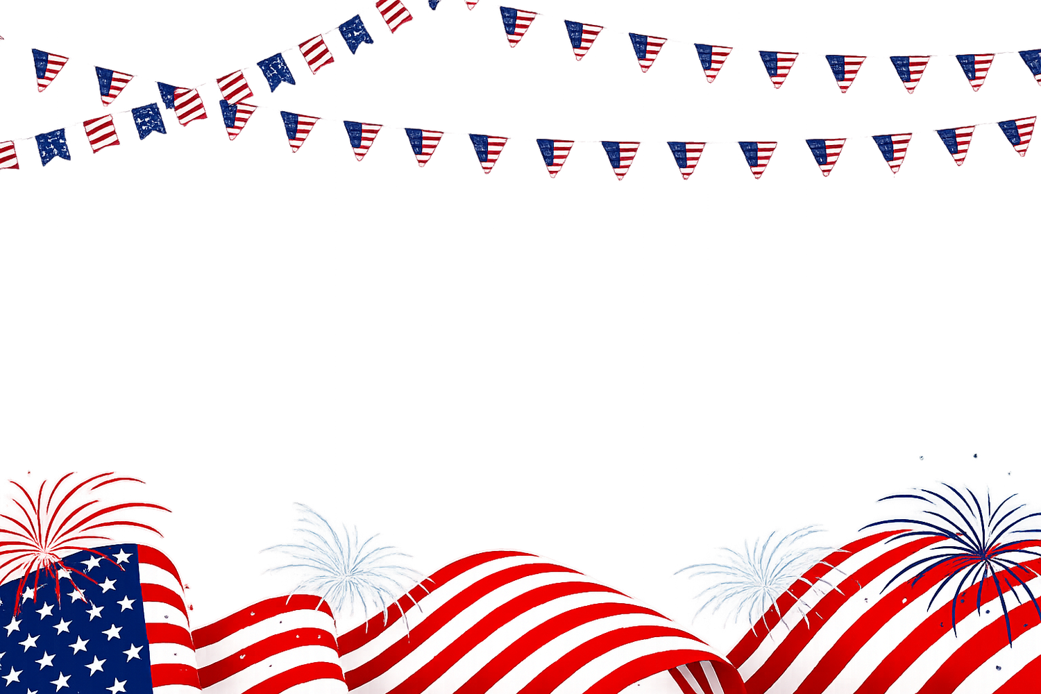 Patriotic USA banner with American flags, bunting, red white blue waves, and fireworks on white background.