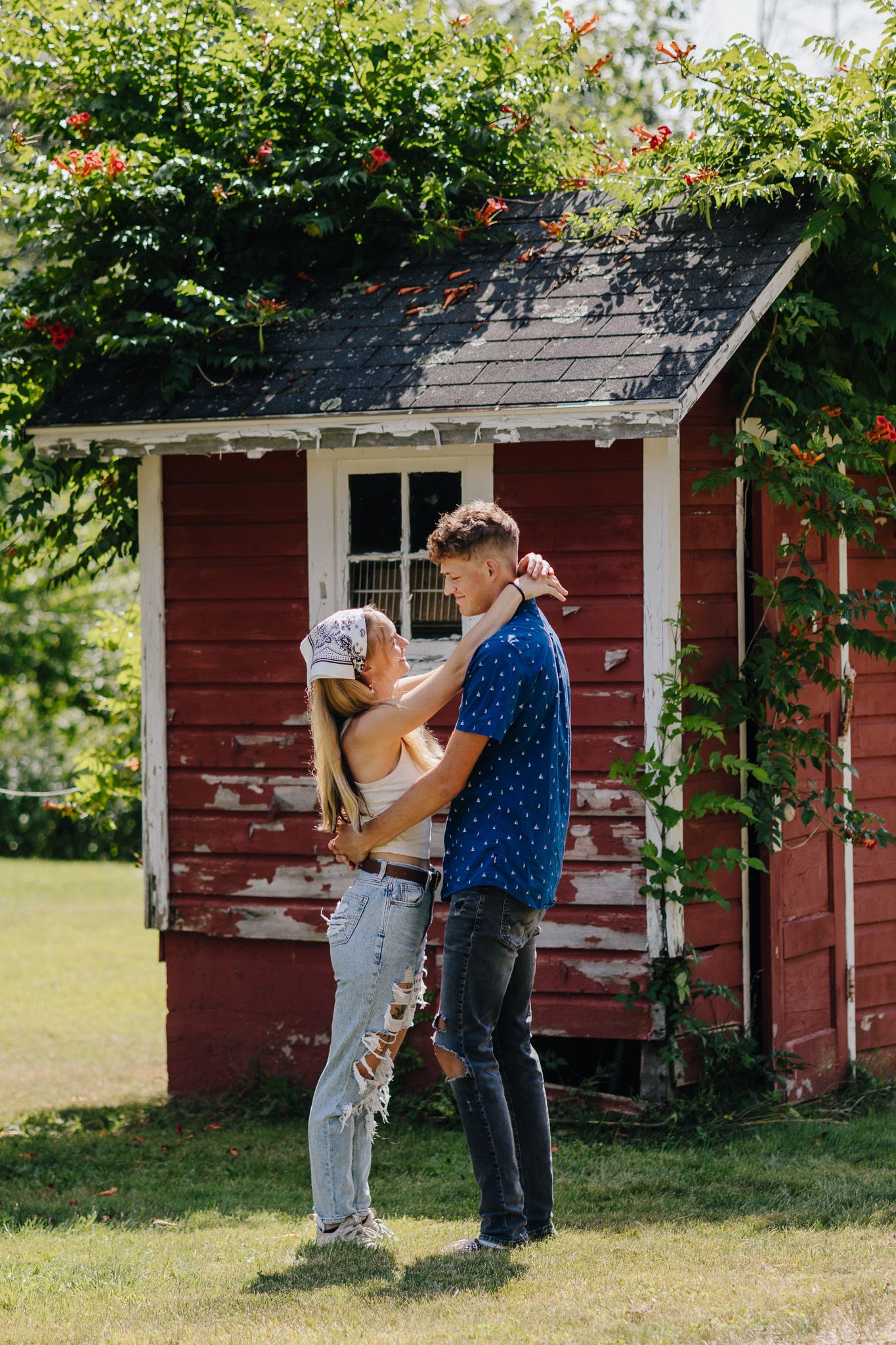 Romantic couple hugging during photo session.