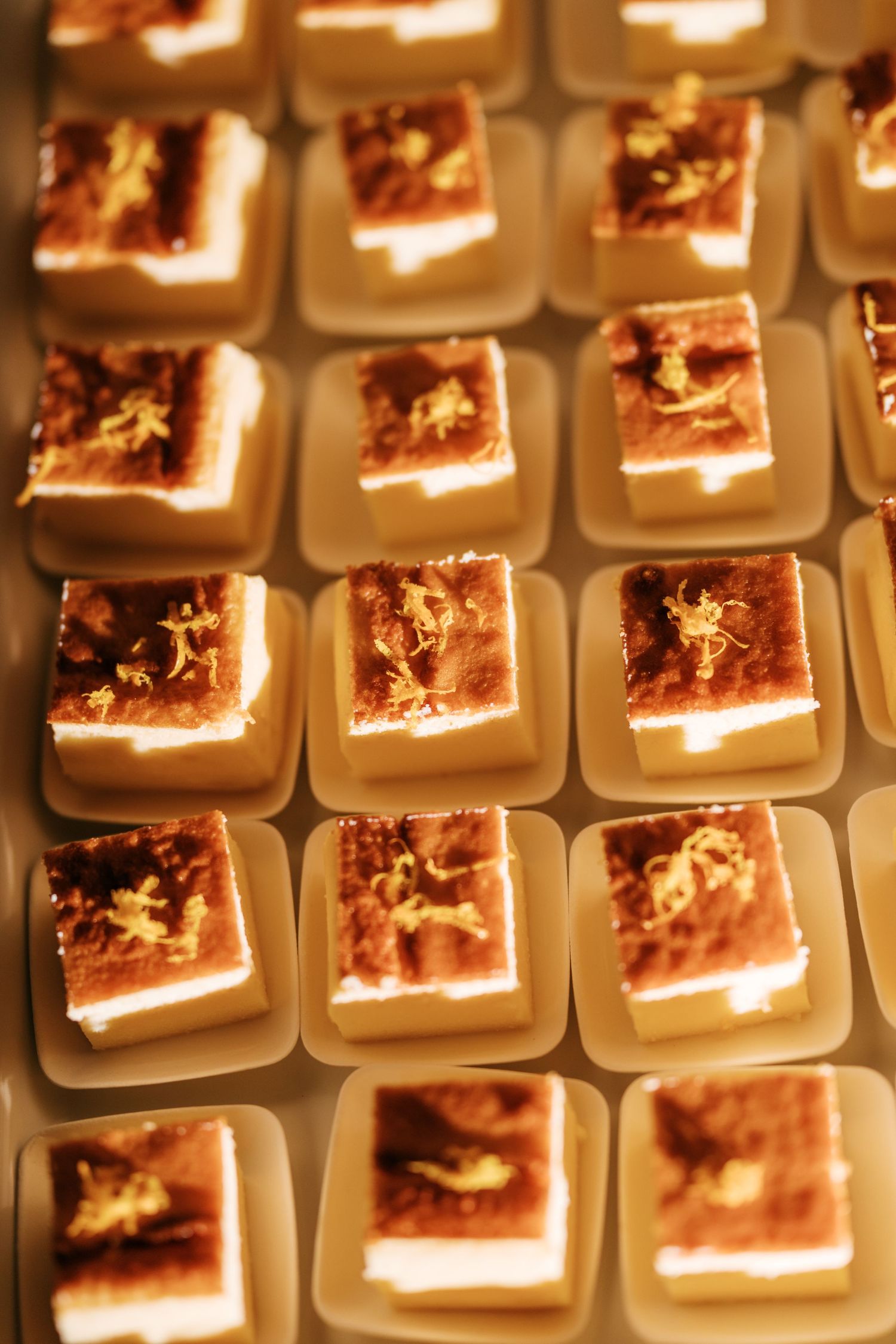 Rows of mini tiramisu dessert squares dusted with cocoa and topped with golden citrus zest, served on small square white plates.