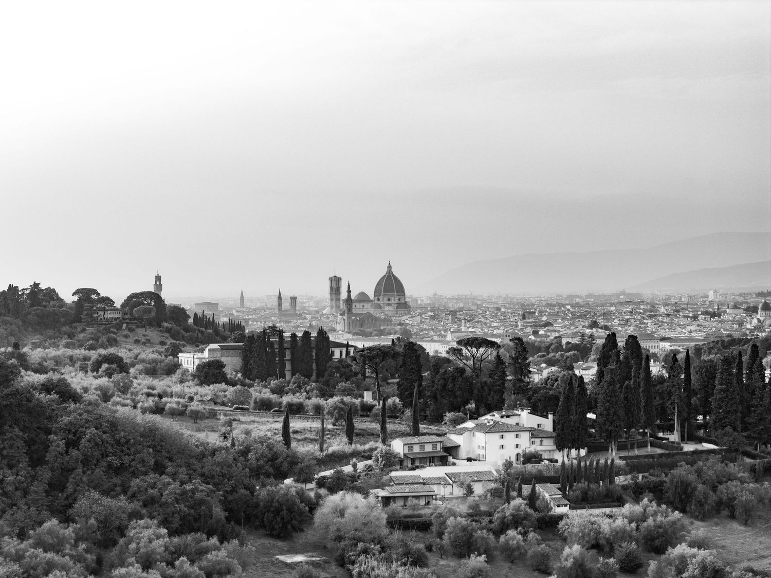 Black and white aerial view of Florence cityscape with the iconic Duomo cathedral dome visible among trees.
