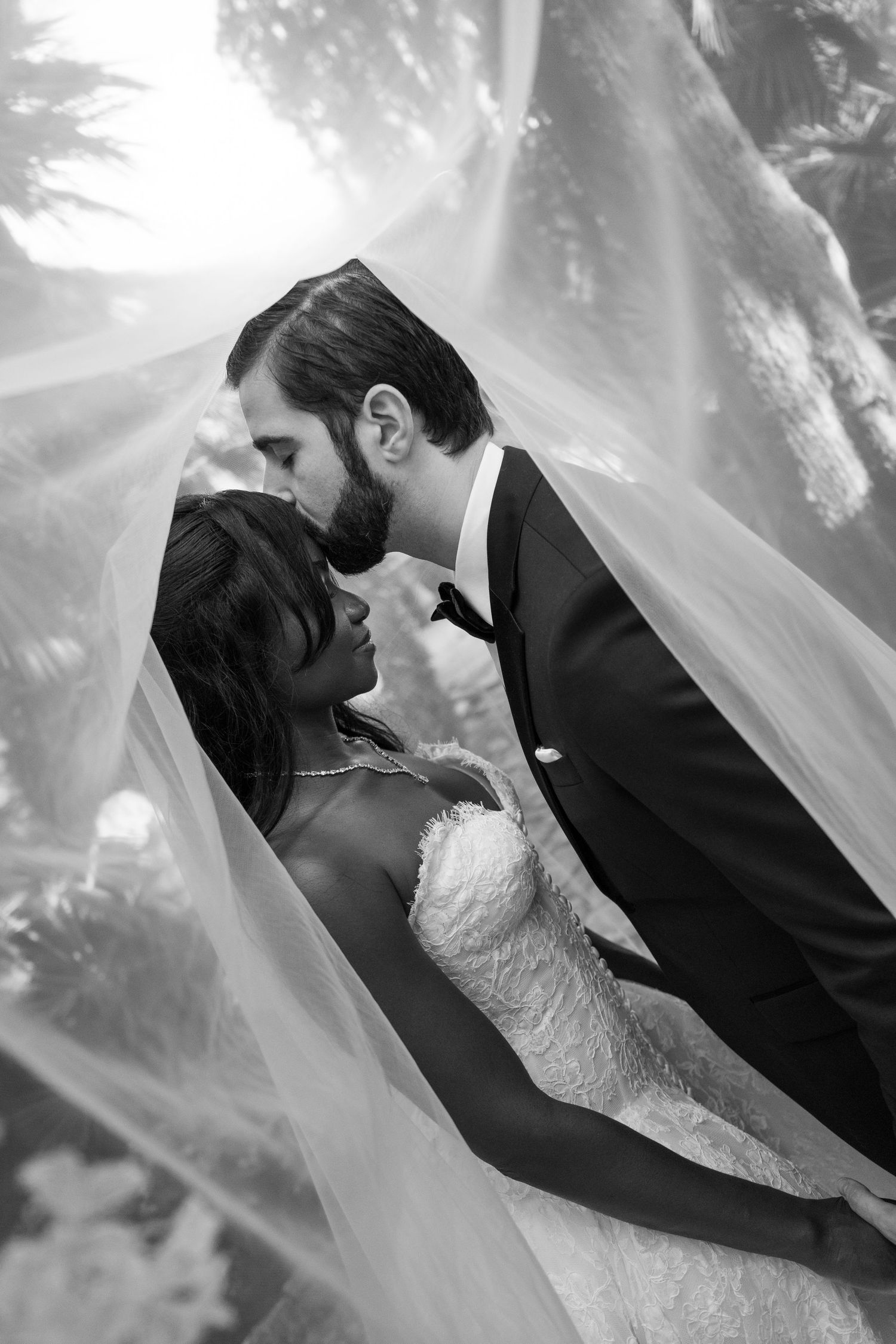 Black and white wedding photo of a groom kissing his bride's forehead beneath a sheer veil, framed by soft natural light.