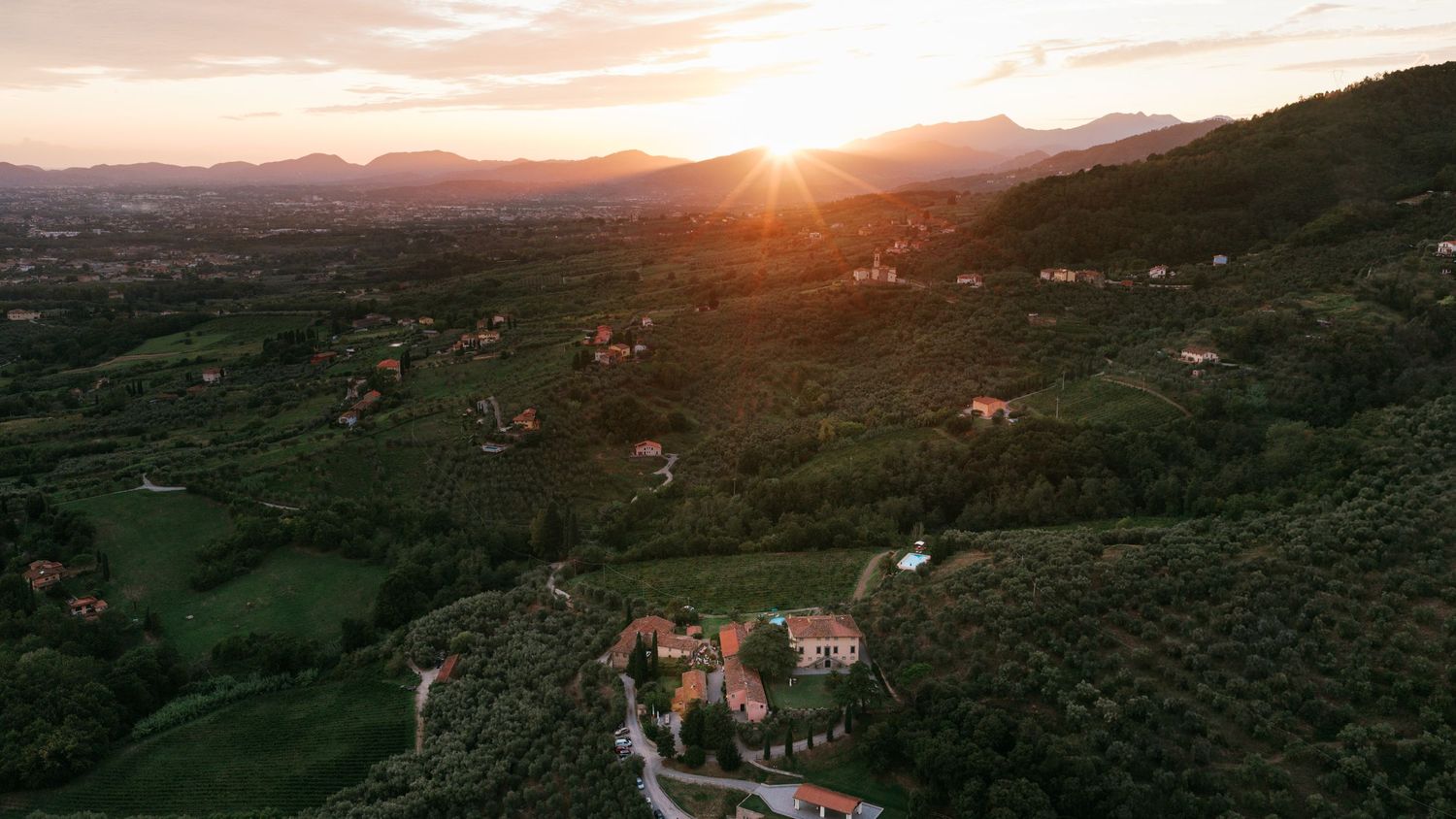 Aerial view of a hillside villa surrounded by green vineyards and olive groves at sunset, with rolling mountains in the distance.