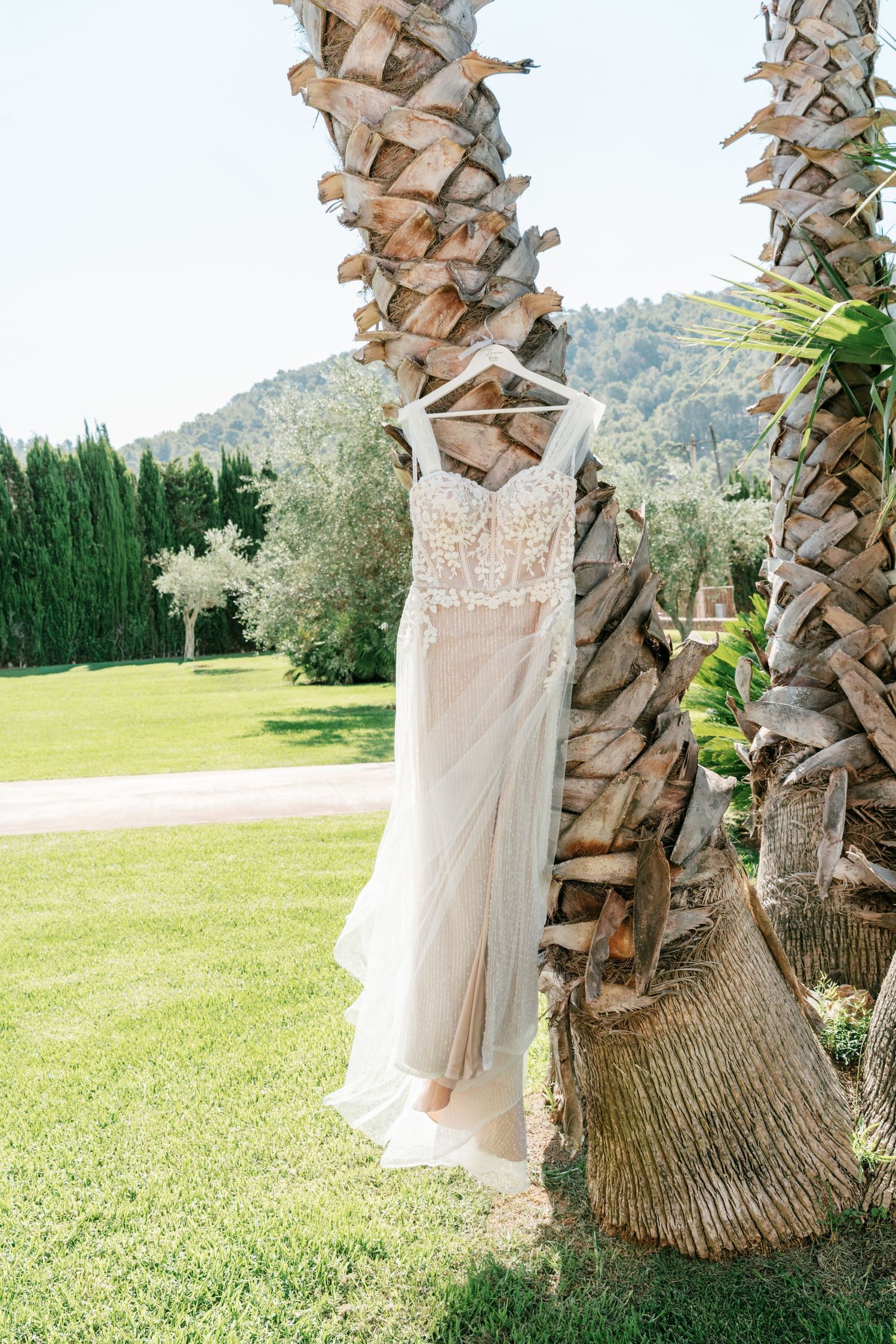 Elegant lace wedding dress hanging on a palm tree in a lush green outdoor setting. Mallorca wedding photographer.
