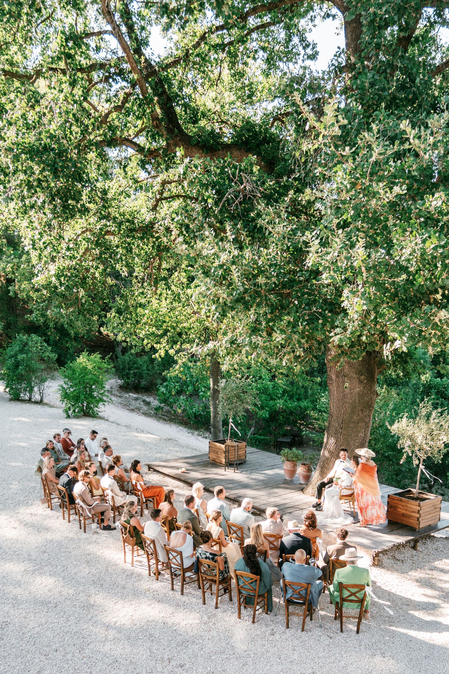 Outdoor wedding ceremony with guests seated in wooden chairs under a large tree in a sunlit garden.
