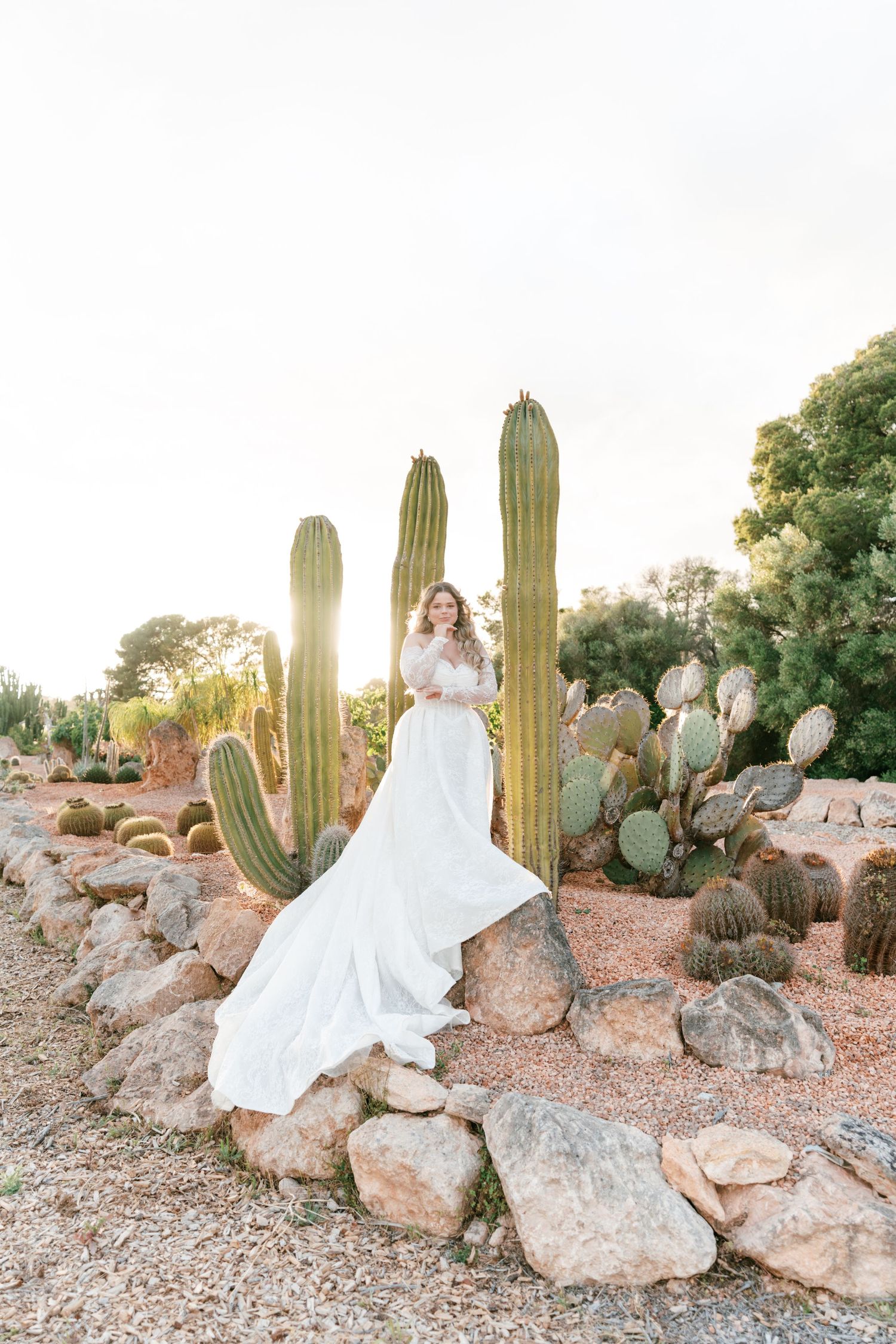 Bride in flowing white gown standing among tall cacti and rocks in a desert garden at golden hour.