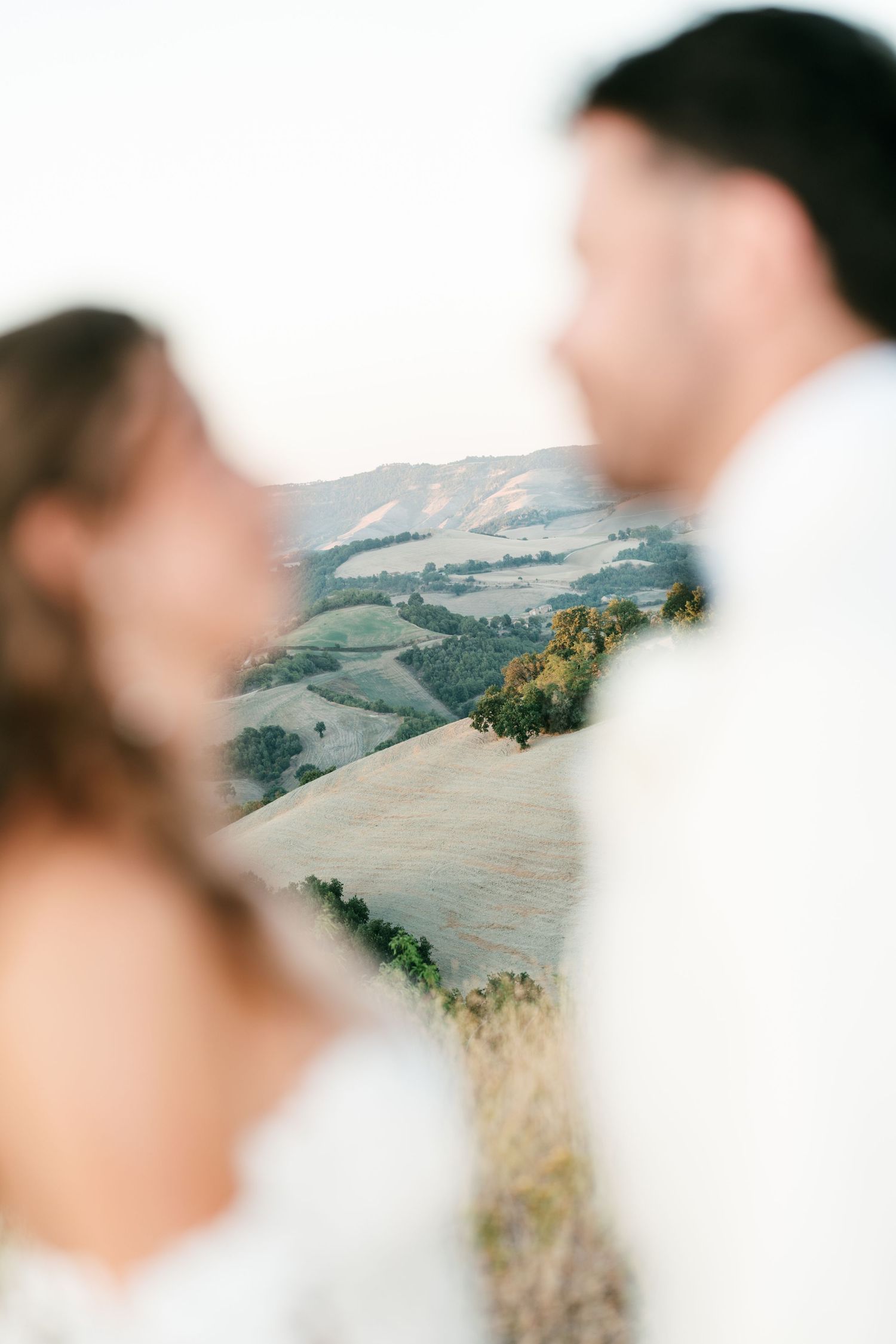 Blurred couple in wedding attire with rolling green hills and golden fields visible between them in soft focus.