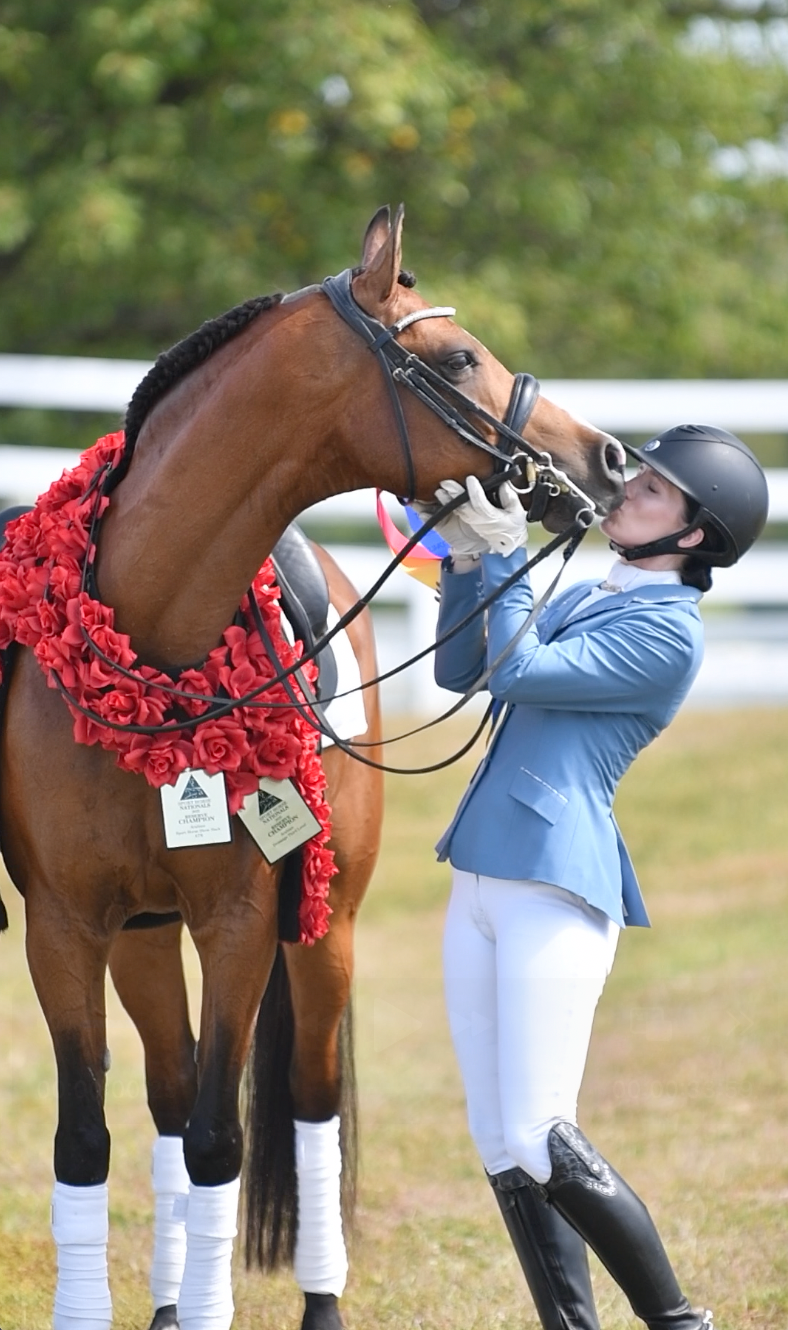 Adult woman and bay horse share a kiss in the grass field