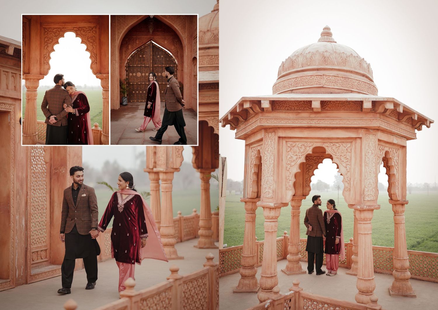 Couple in traditional Indian attire posing at a historic red sandstone monument.
