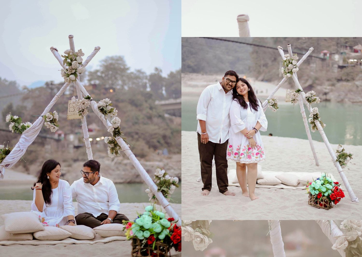 Couple posing under a floral teepee arch by a serene riverside in coordinated white outfits.