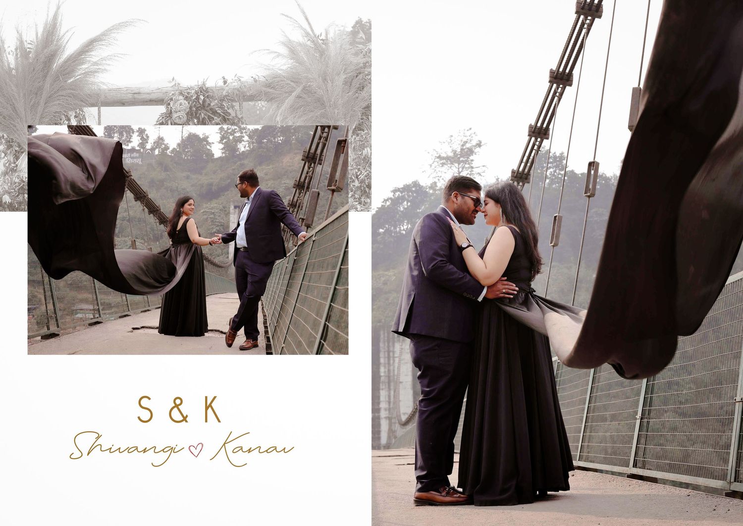 Couple S and K in matching black outfits sharing a romantic pre-wedding portrait near a modern bridge.