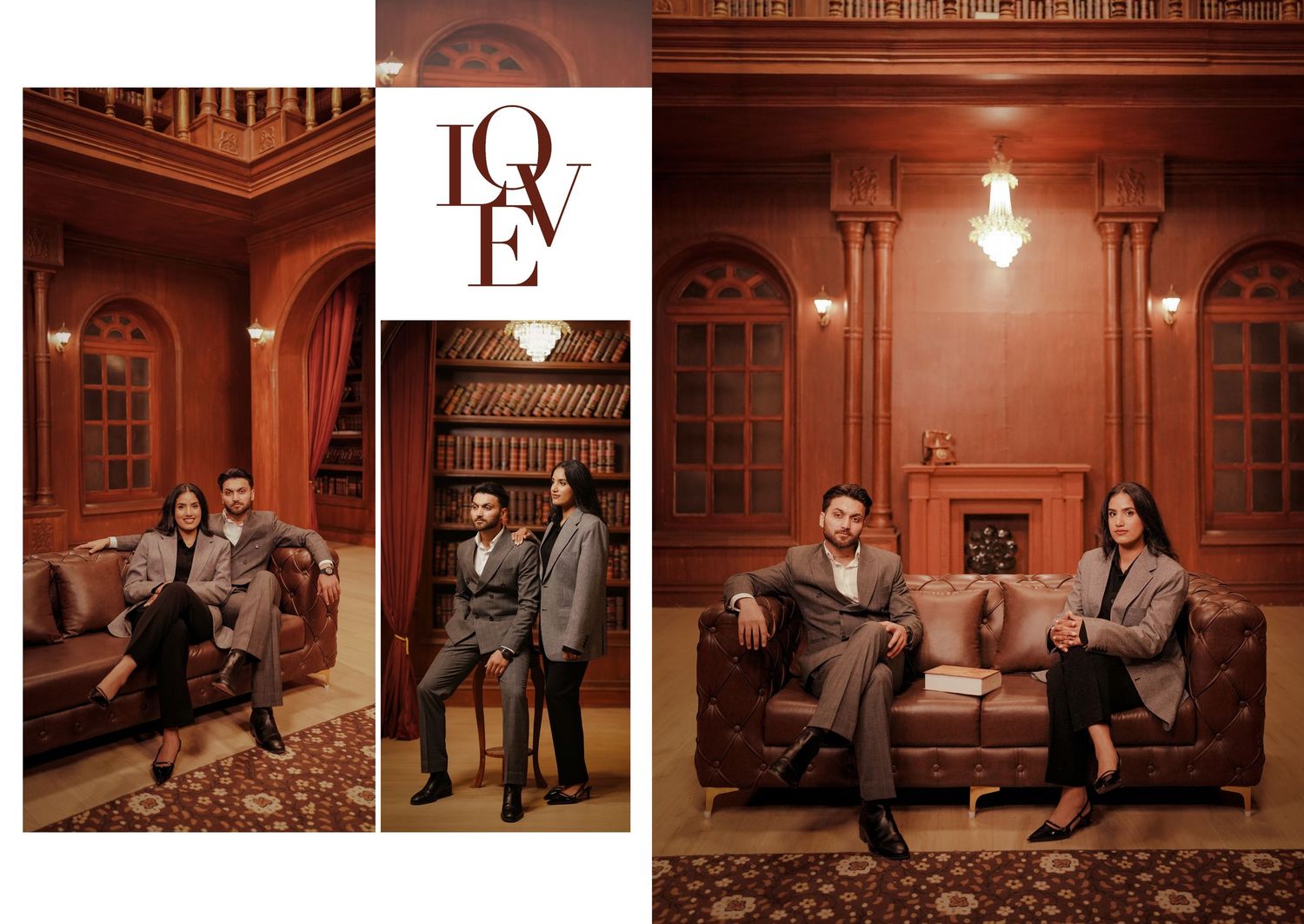 Couple in matching grey suits posing in a vintage library setting with LOVE text overlay in a split photo.