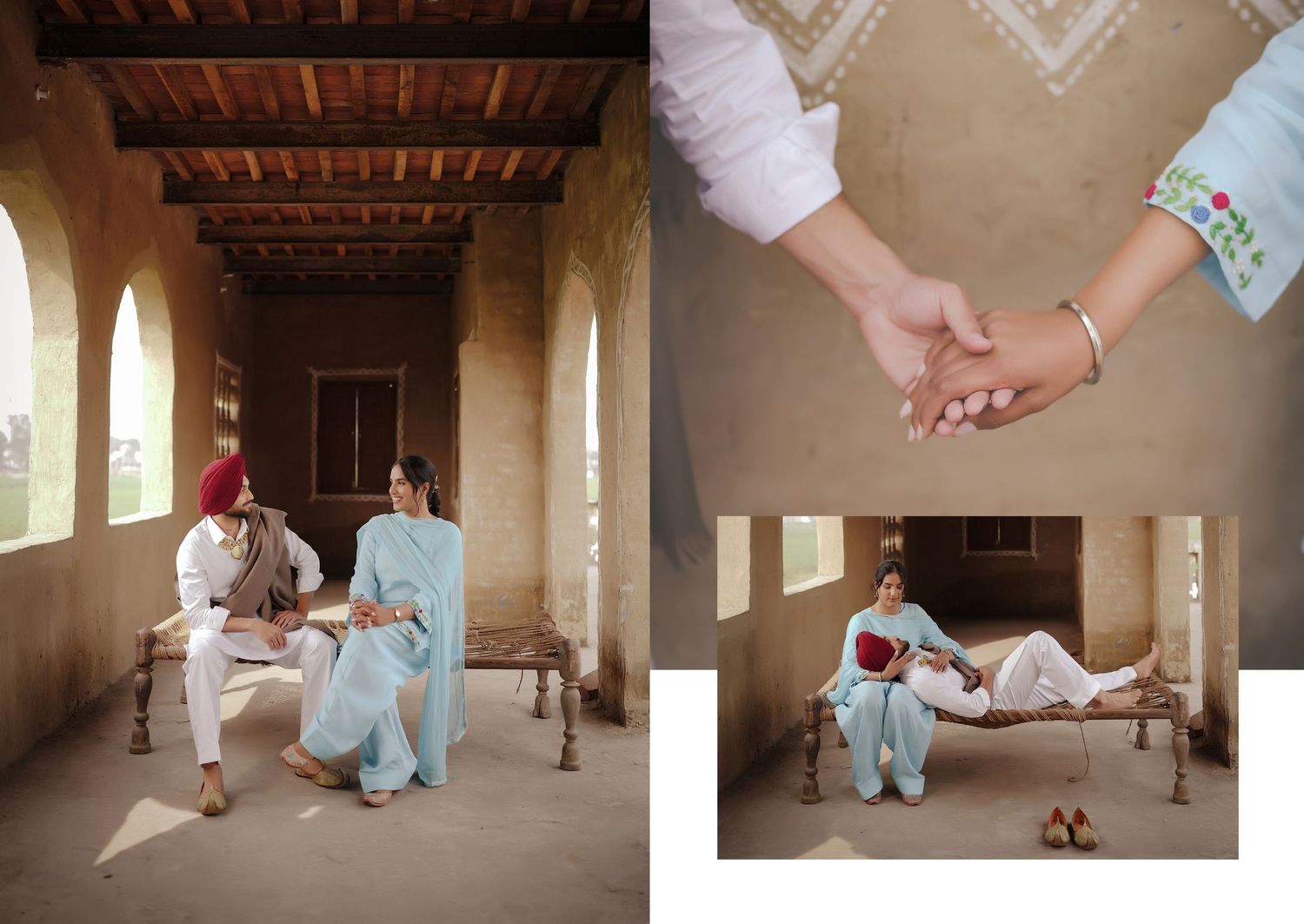 Sikh couple in traditional attire sitting on charpai in rustic heritage corridor.