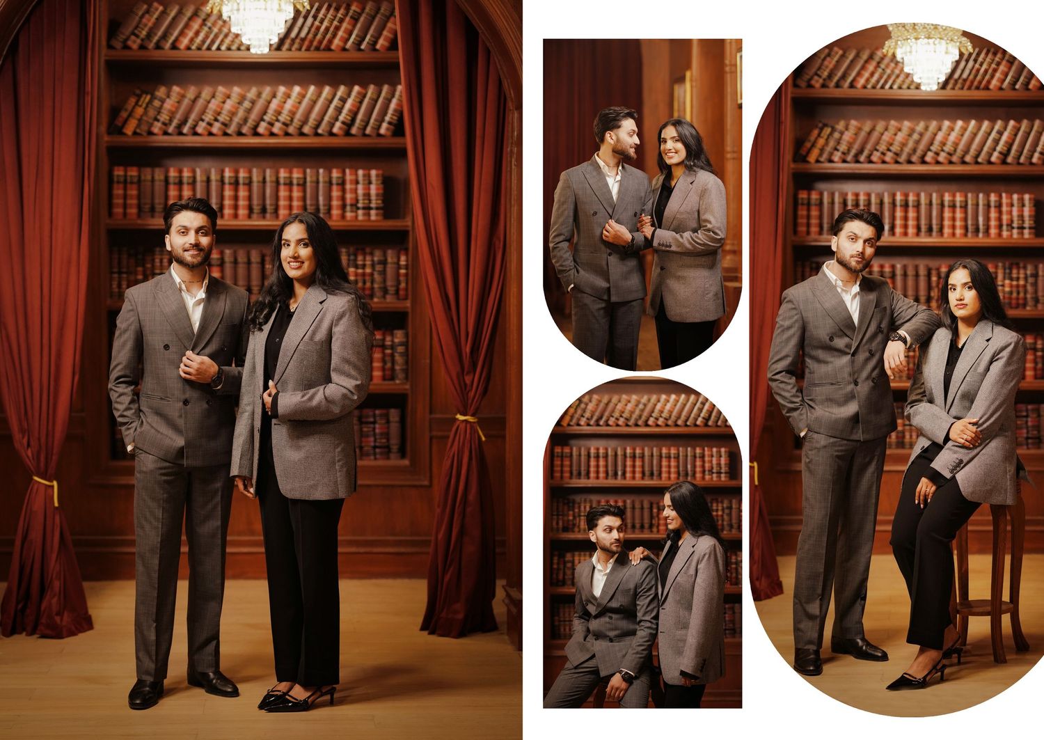 Couple in matching brown suits posing in a library setting with vintage bookshelves.