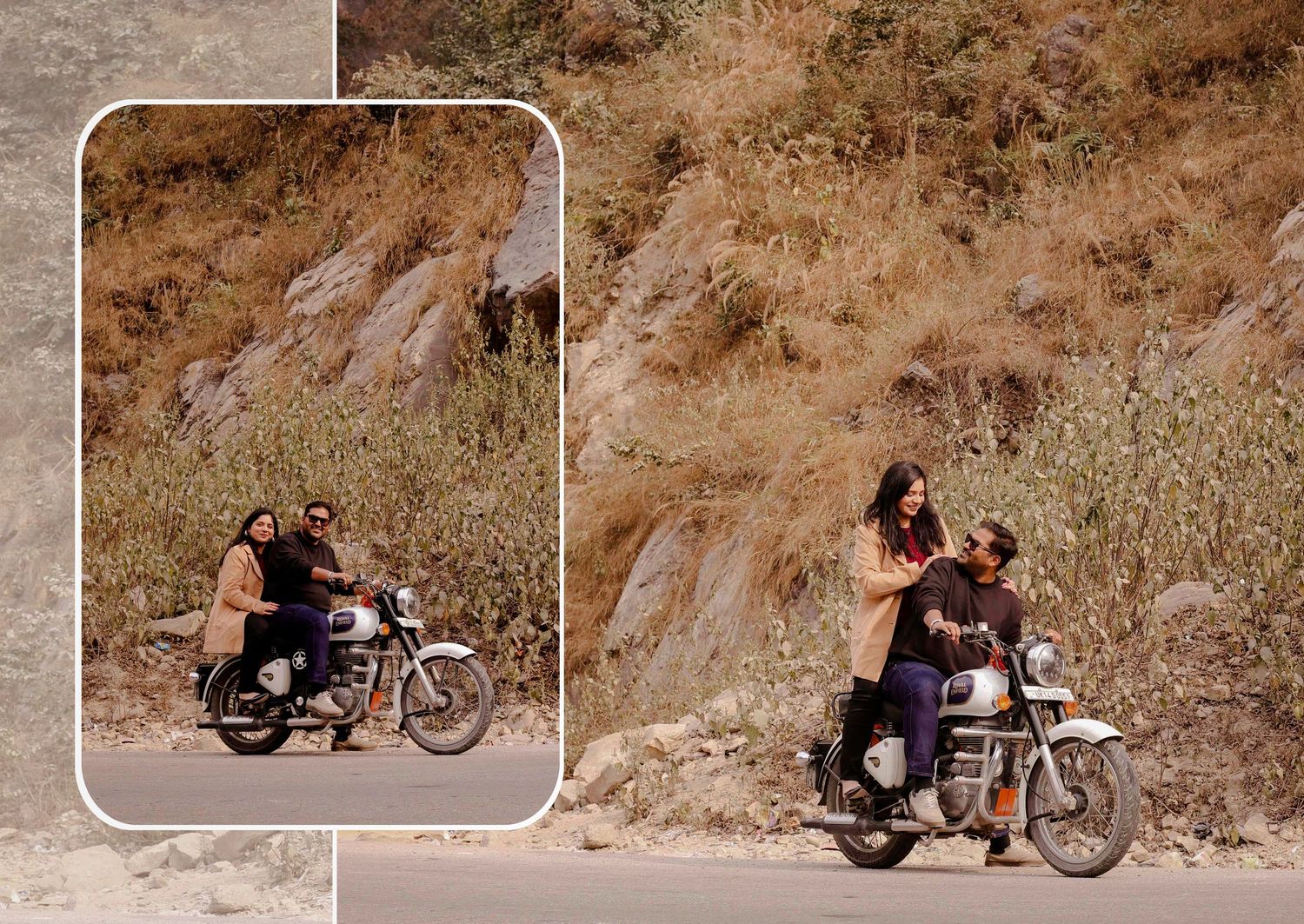 Adventurous couple riding a Royal Enfield motorcycle along a scenic mountain road during their pre-wedding shoot.