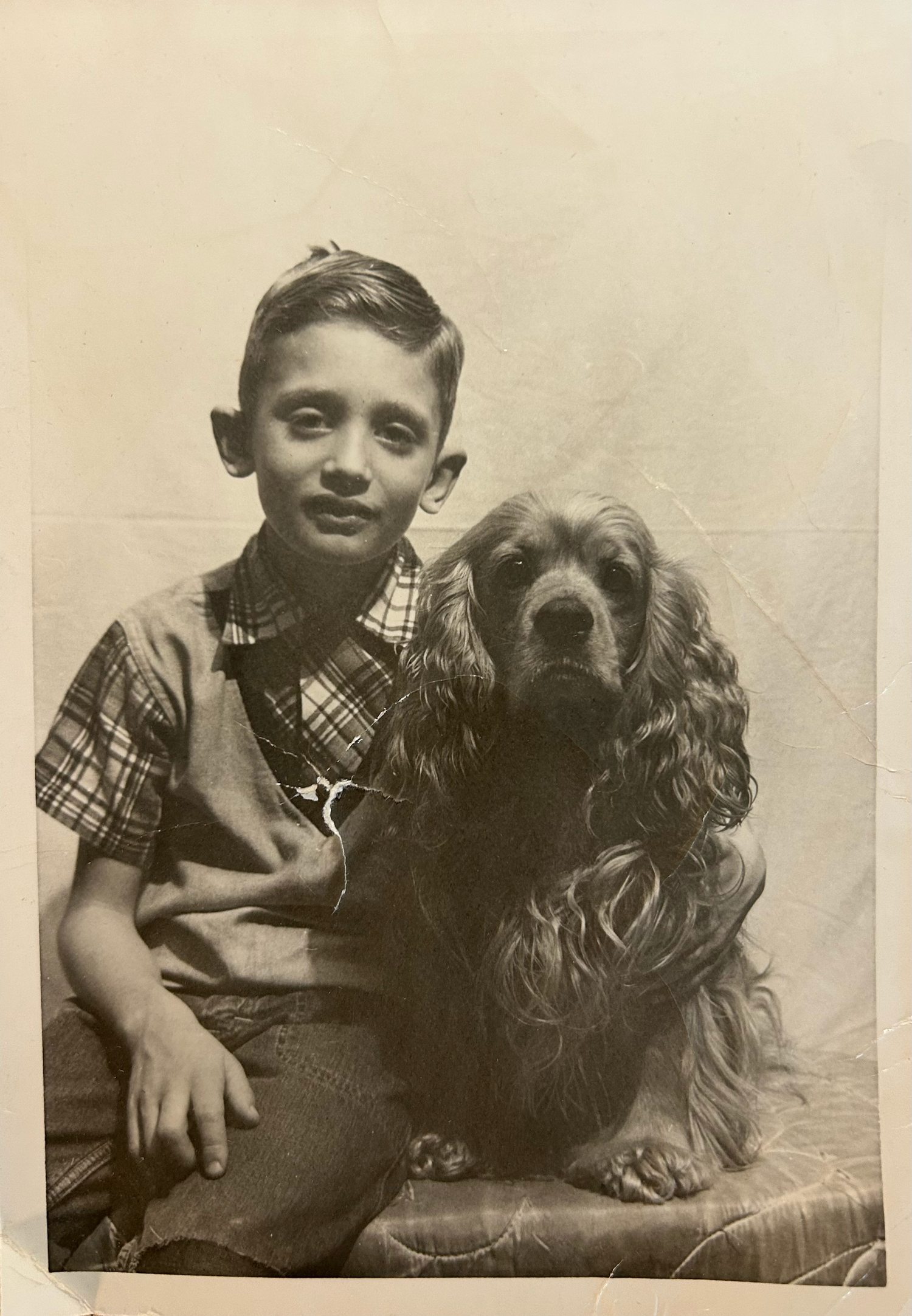 Vintage black and white photo of a young boy smiling beside a Cocker Spaniel dog, classic 1950s portrait style.