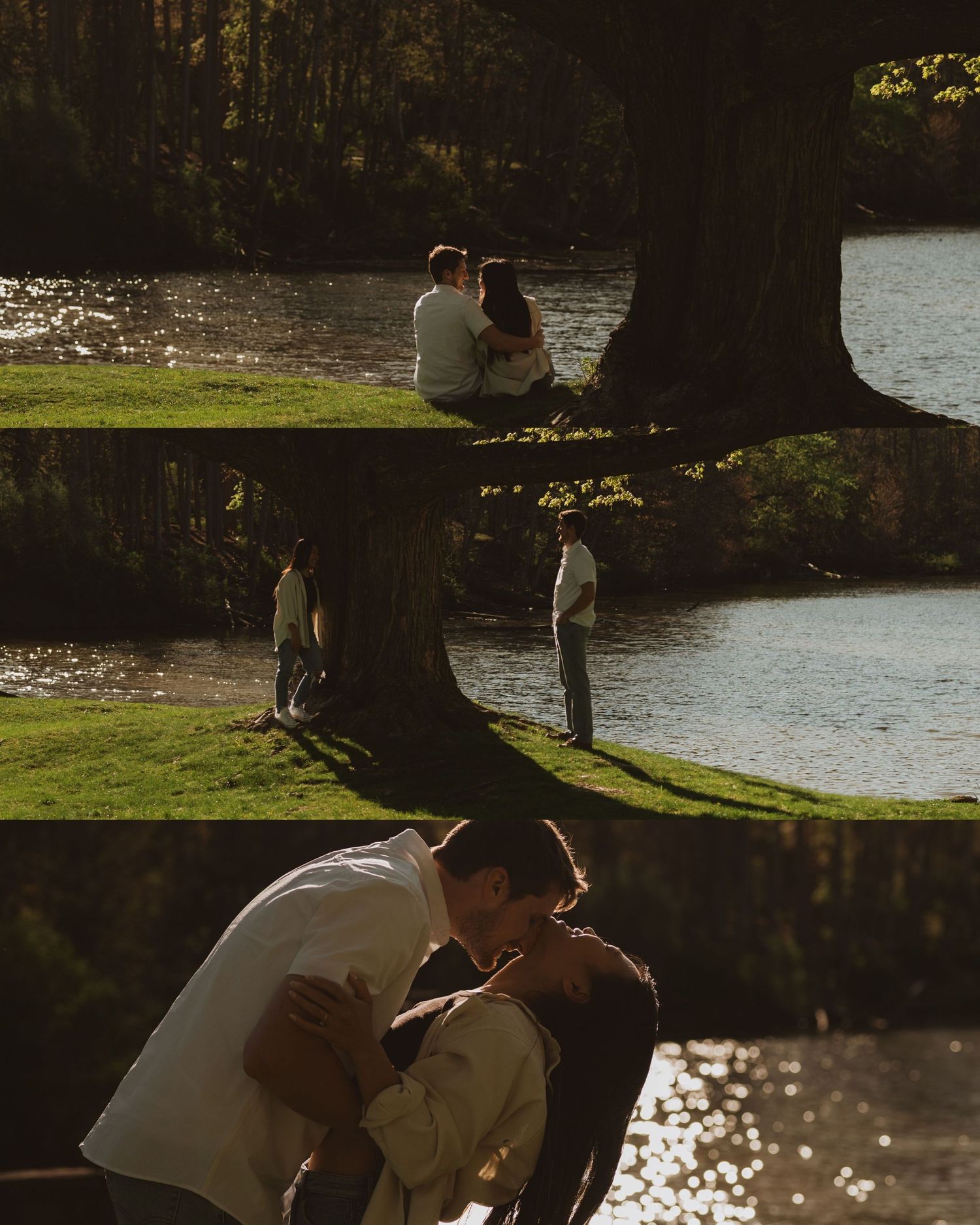 Romantic couple sitting, standing, and kissing by a sunlit pond beneath a large tree.