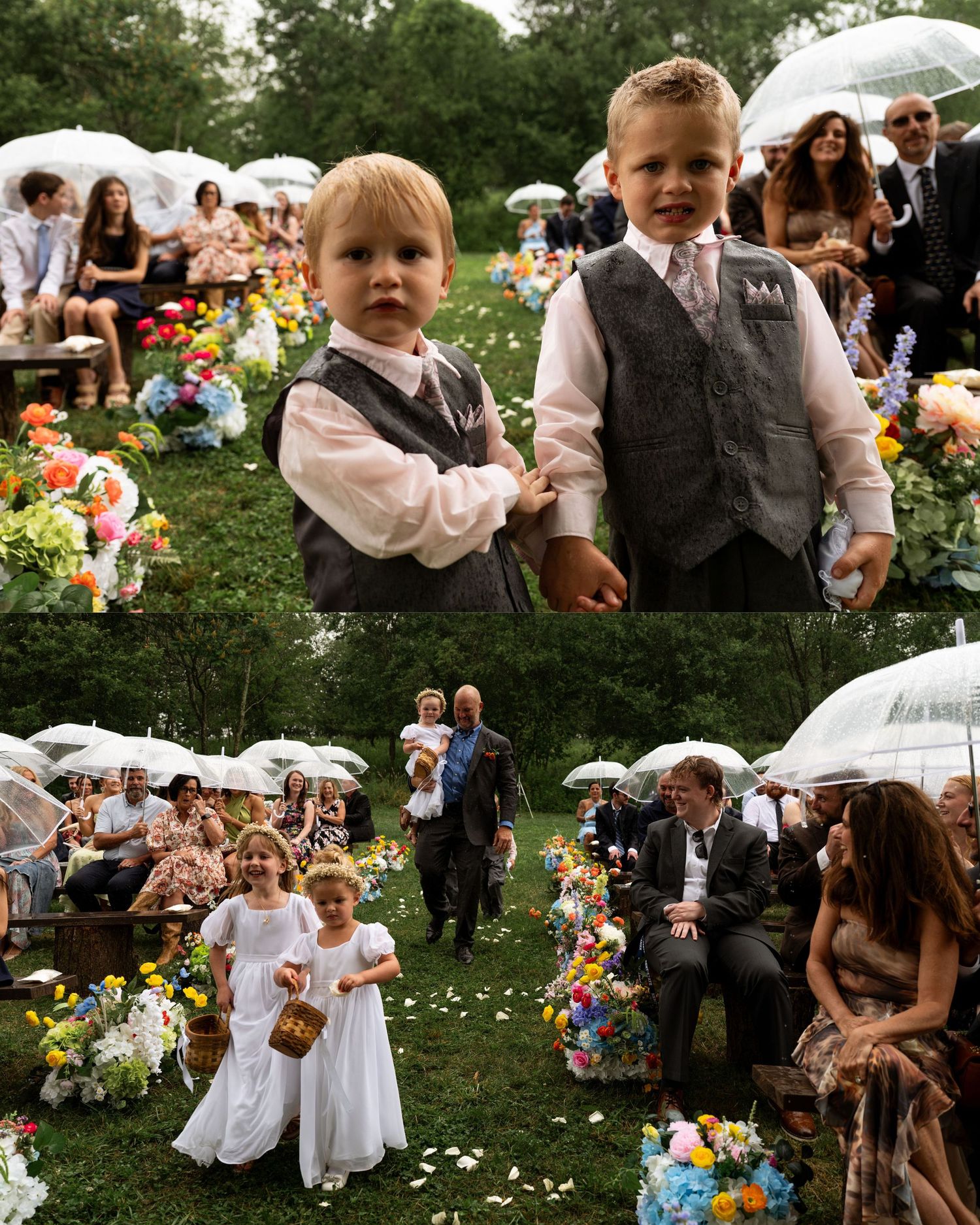 Ring bearers and flower girls walking down a colorful outdoor wedding ceremony aisle in rain.