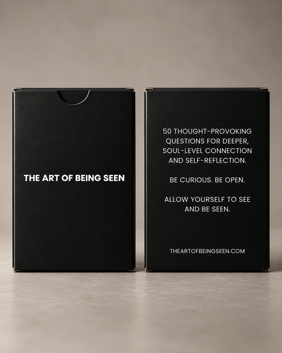 Black box card set 'The Art of Being Seen' with 50 thought-provoking questions for soul-level connection.