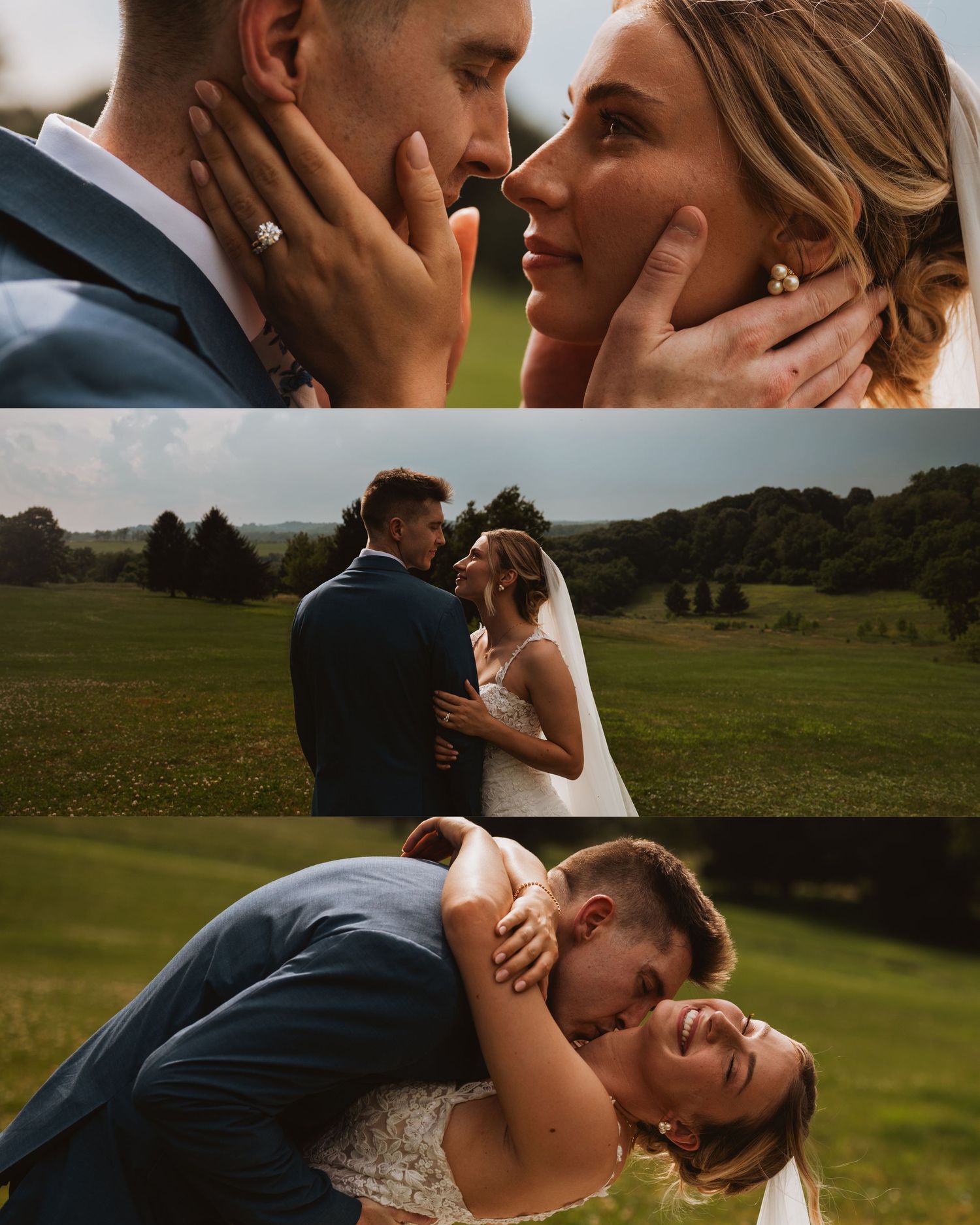 Wedding couple shares tender moments in a three-photo collage on a lush green landscape.