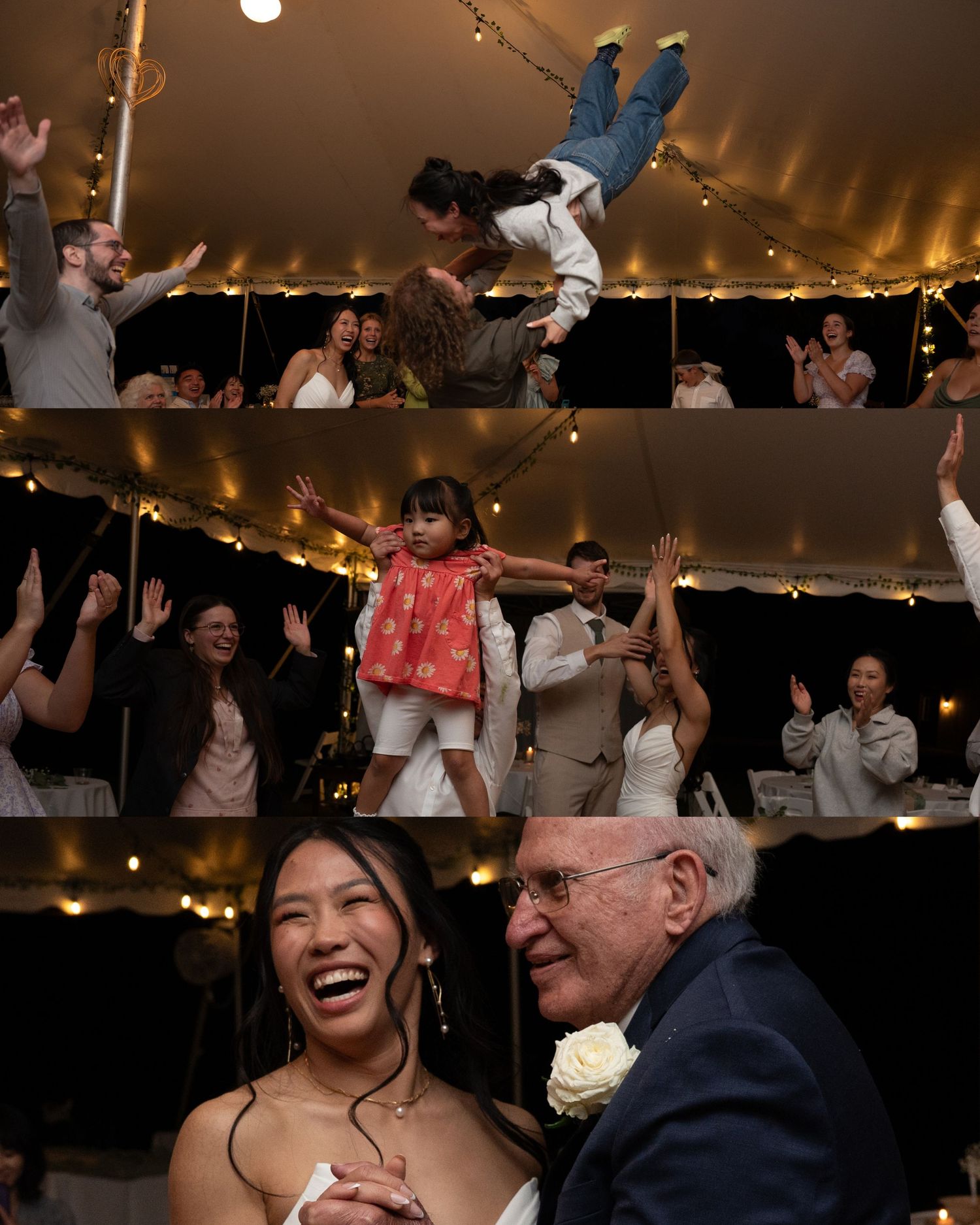 Joyful wedding reception under a tent with guests dancing, a child being lifted, and the bride laughing with an elderly guest.
