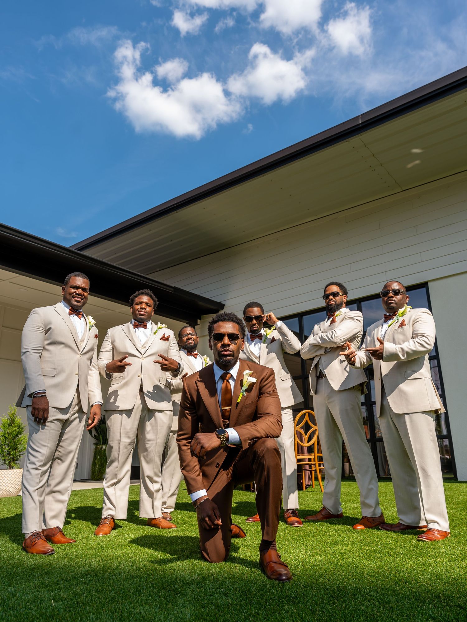 Makhi with his groomsmen outside the wedding venue.