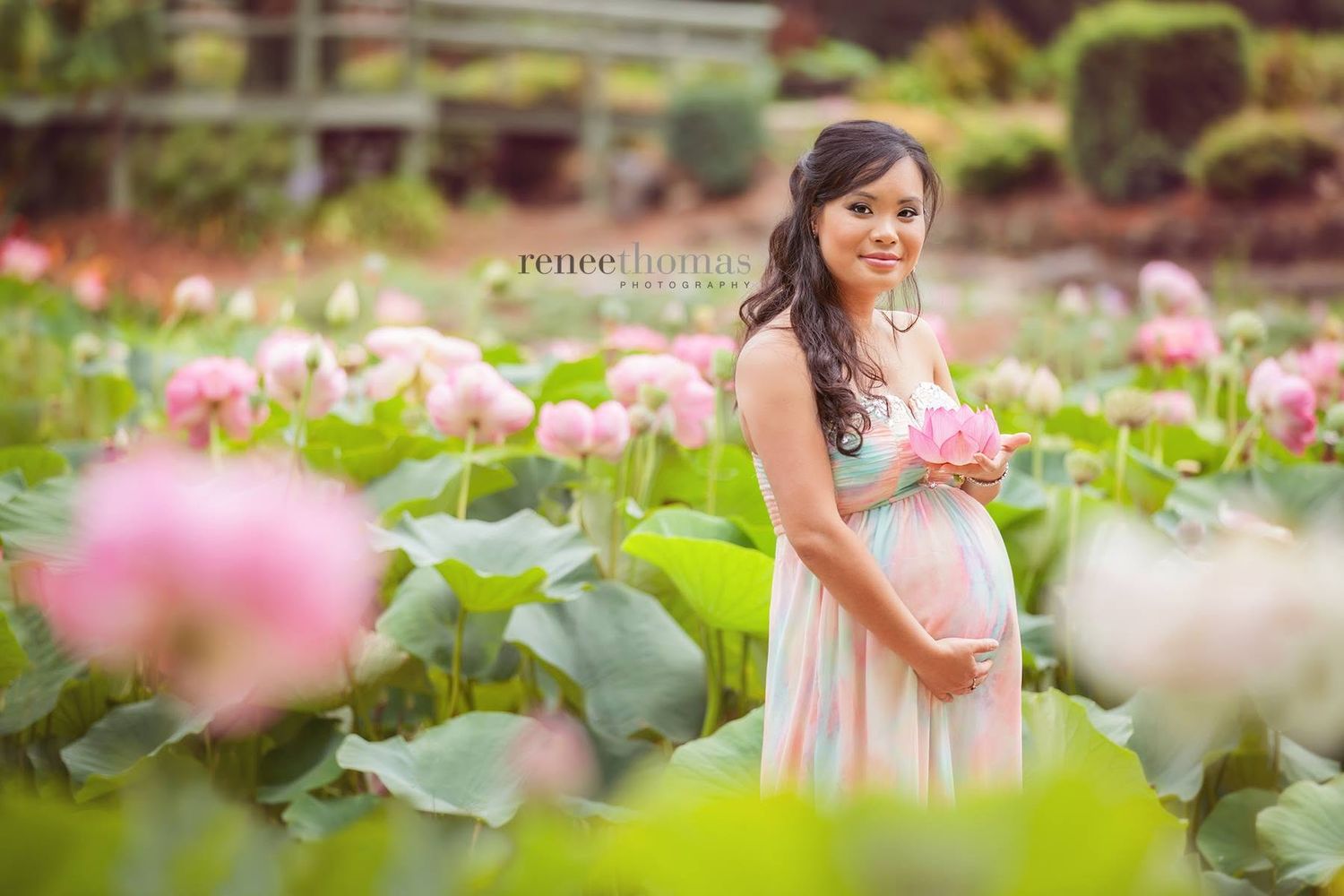 Pregnant woman in floral dress standing among pink lotus flowers in a maternity portrait by Renee Thomas.