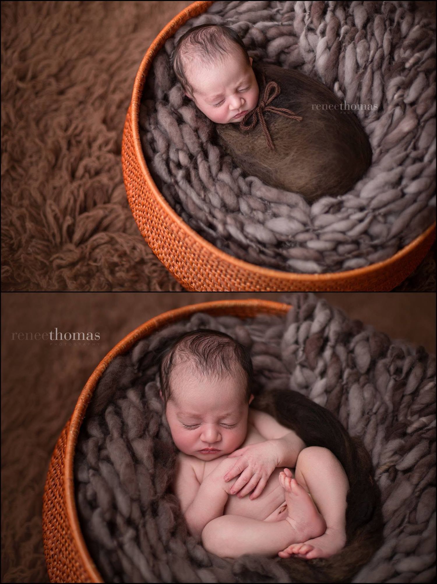 Two photos of a sleeping newborn baby curled up in an orange basket with gray wool.