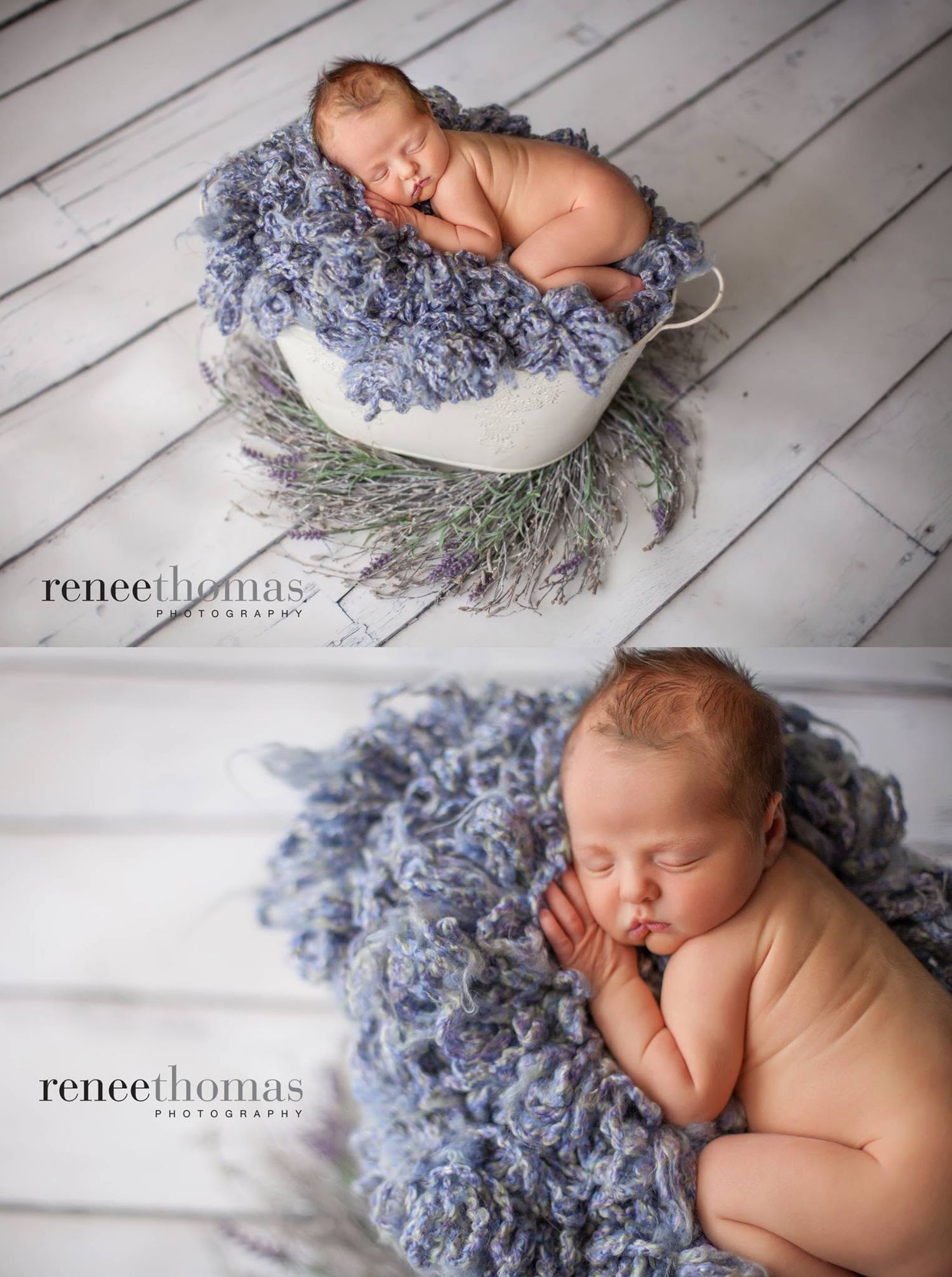 Smiling newborn baby posed in white bucket with purple fluffy blanket and lavender sprigs.