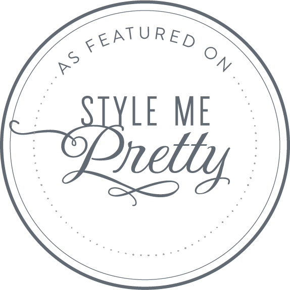 Circular badges with elegant script text reading 'Featured', 'Style Me', and 'Pretty' in gray design.