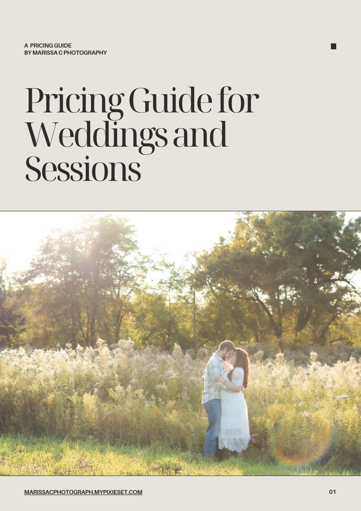 Elegant wedding photography pricing guide cover showing a couple embracing in a golden sunlit meadow at sunset.